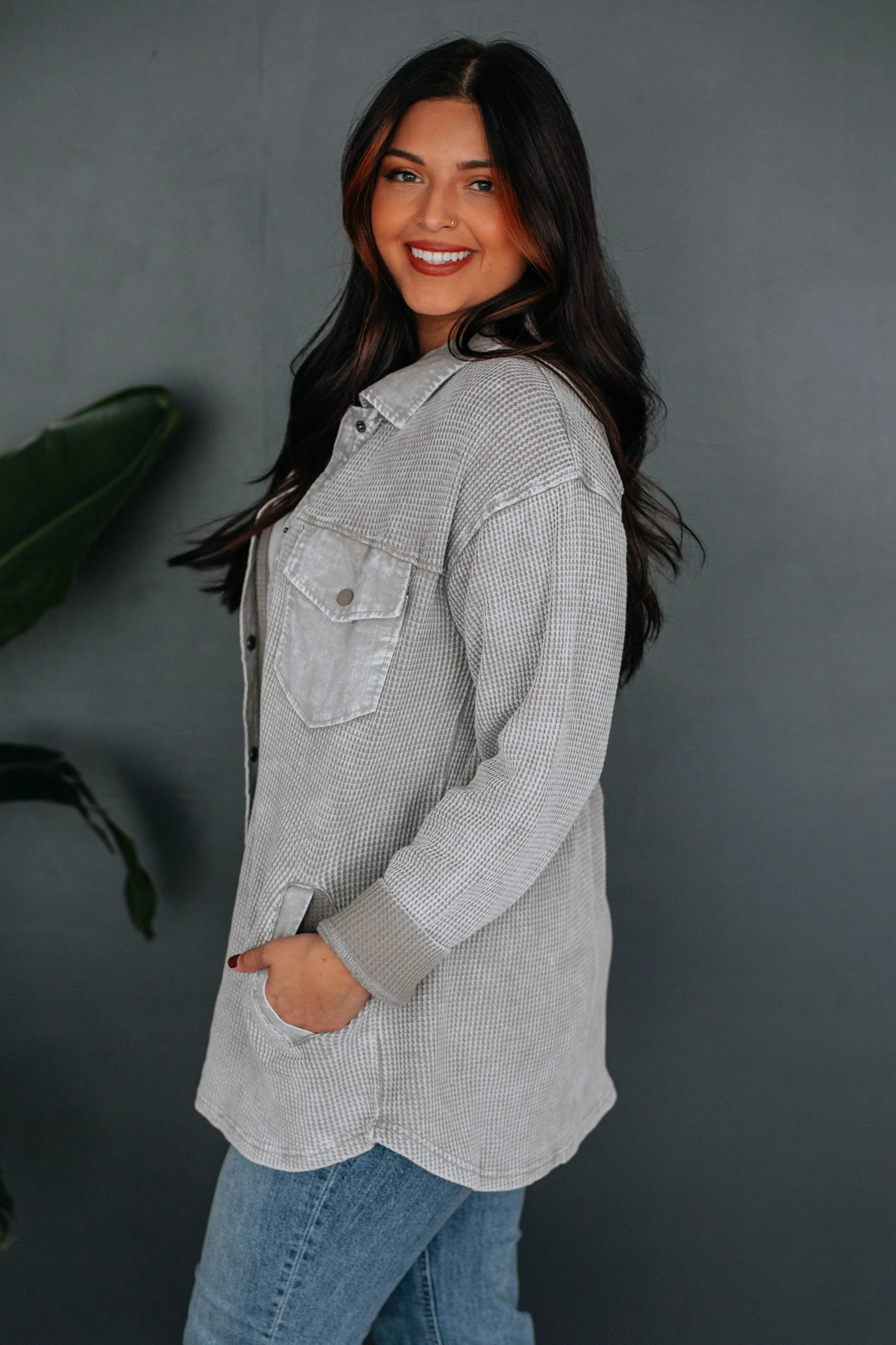 Zolee Waffle Knit Shacket - Stone sold by Wild Oak Boutique product image thumbnail 5