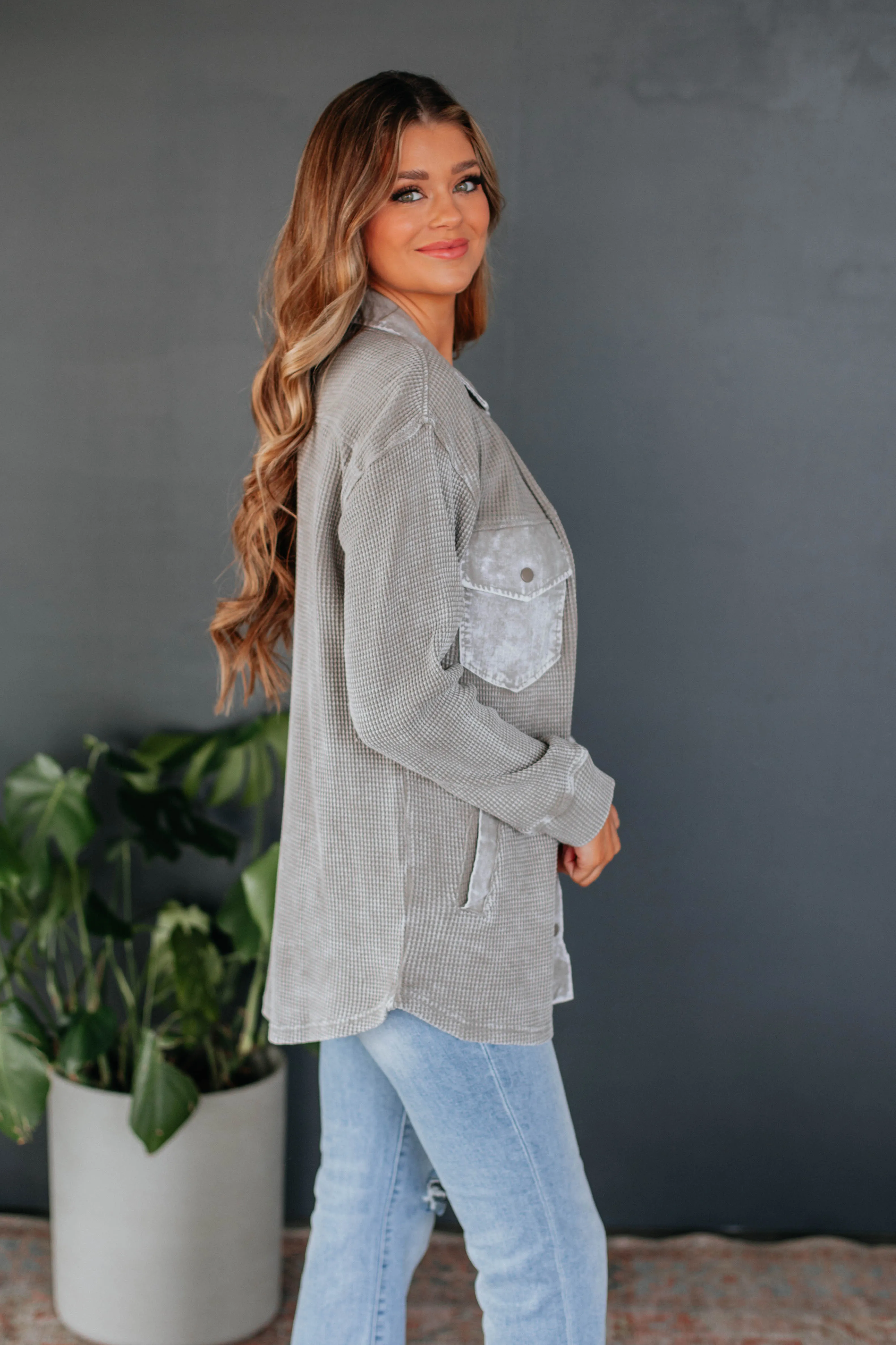 Zolee Waffle Knit Shacket - Stone sold by Wild Oak Boutique product image thumbnail 3