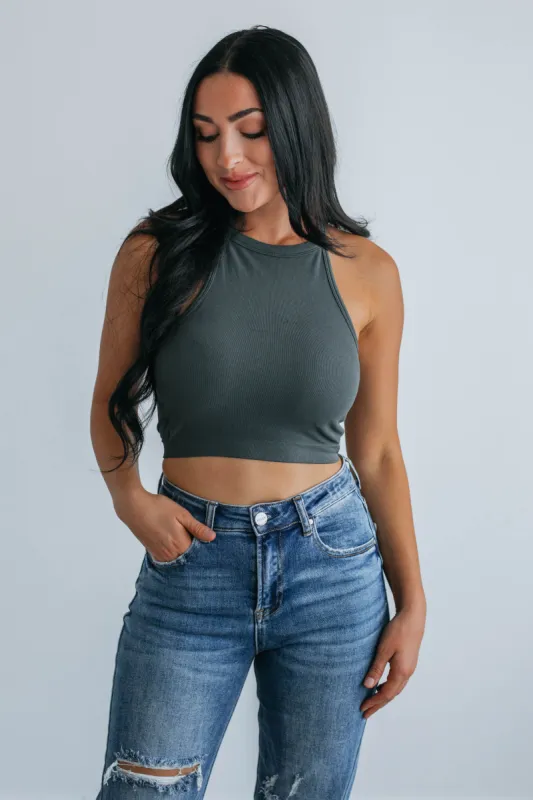 Jessica Ribbed Tank - Charcoal sold by Wild Oak Boutique