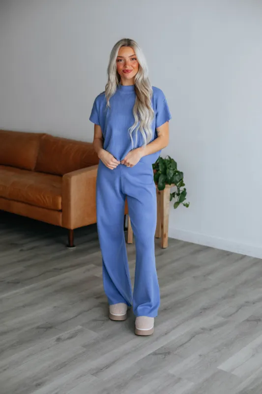 Moniz Ribbed Pants - Cornflower Blue made by By Together