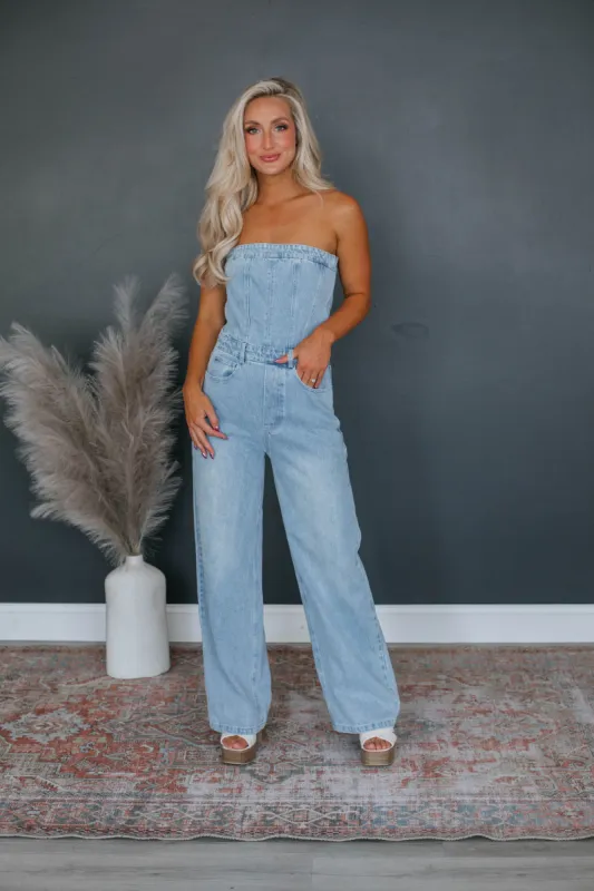 Breckon Denim Jumpsuit sold by Wild Oak Boutique