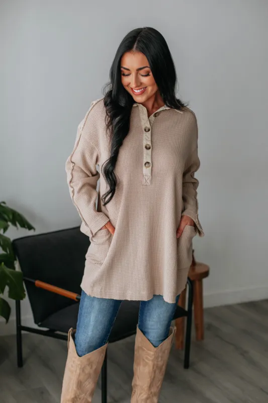 Monet Oversized Henley Top - Taupe sold by Wild Oak Boutique