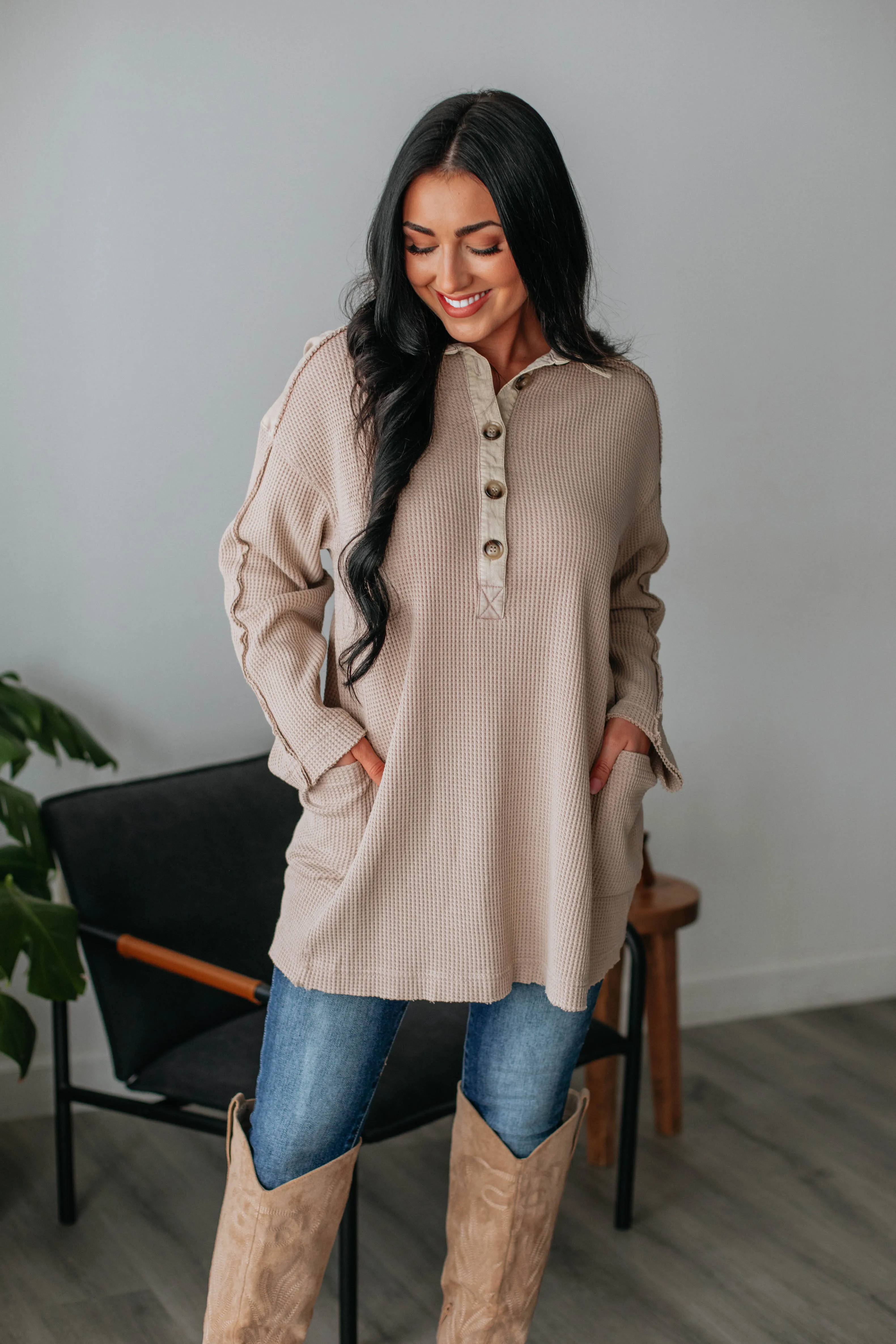 Monet Oversized Henley Top - Taupe sold by Wild Oak Boutique