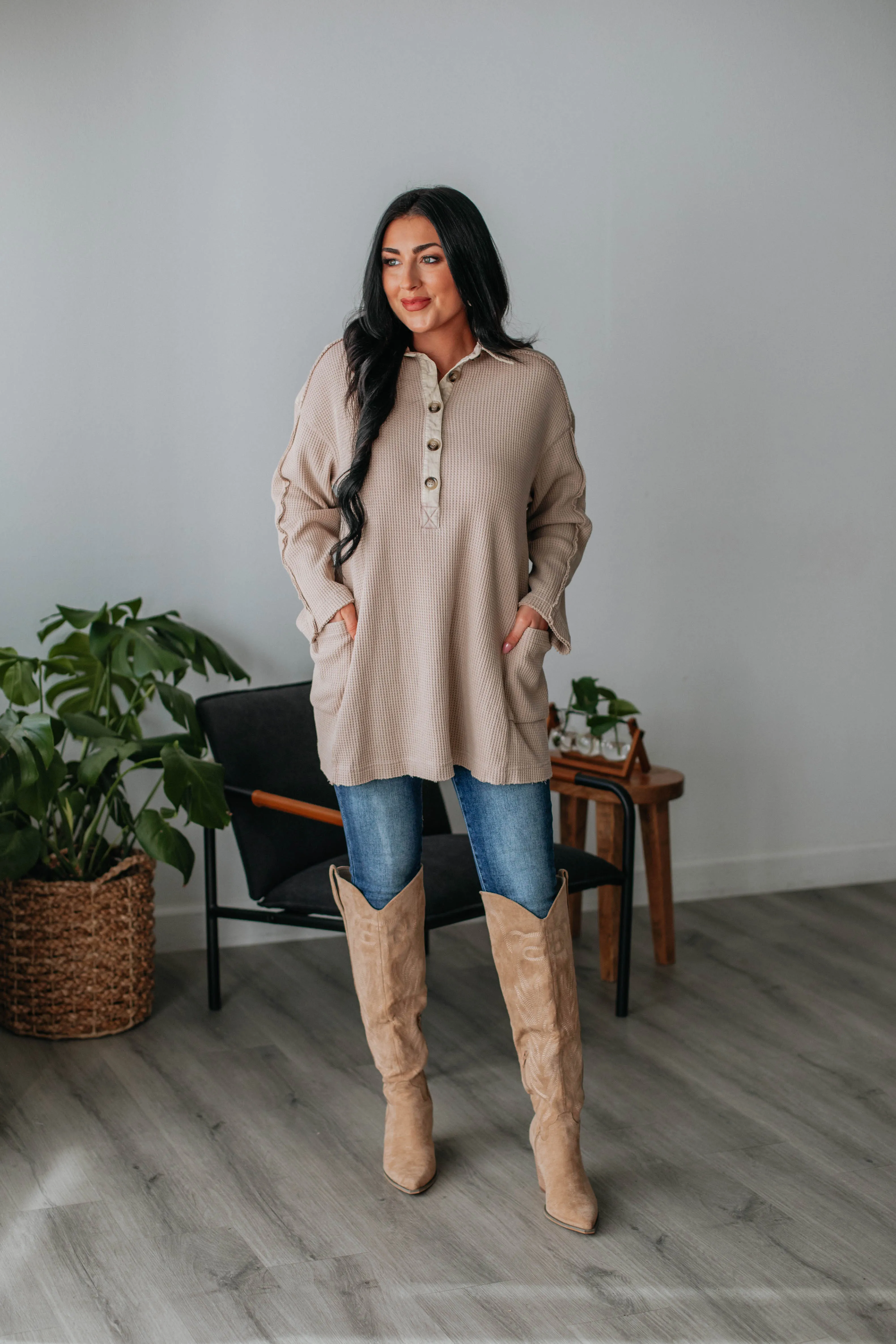 Monet Oversized Henley Top - Taupe sold by Wild Oak Boutique product image thumbnail 2
