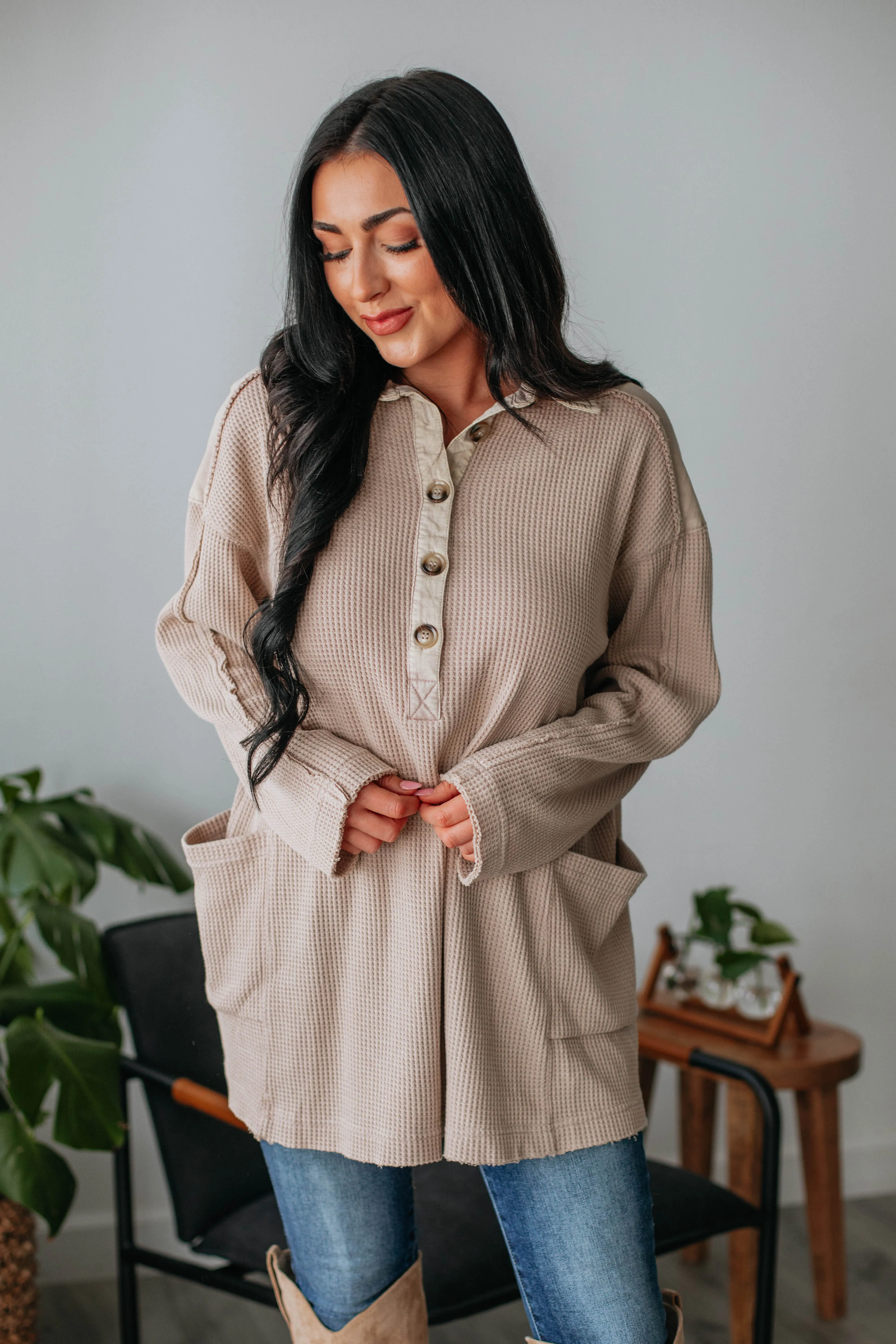Monet Oversized Henley Top - Taupe sold by Wild Oak Boutique product image thumbnail 5