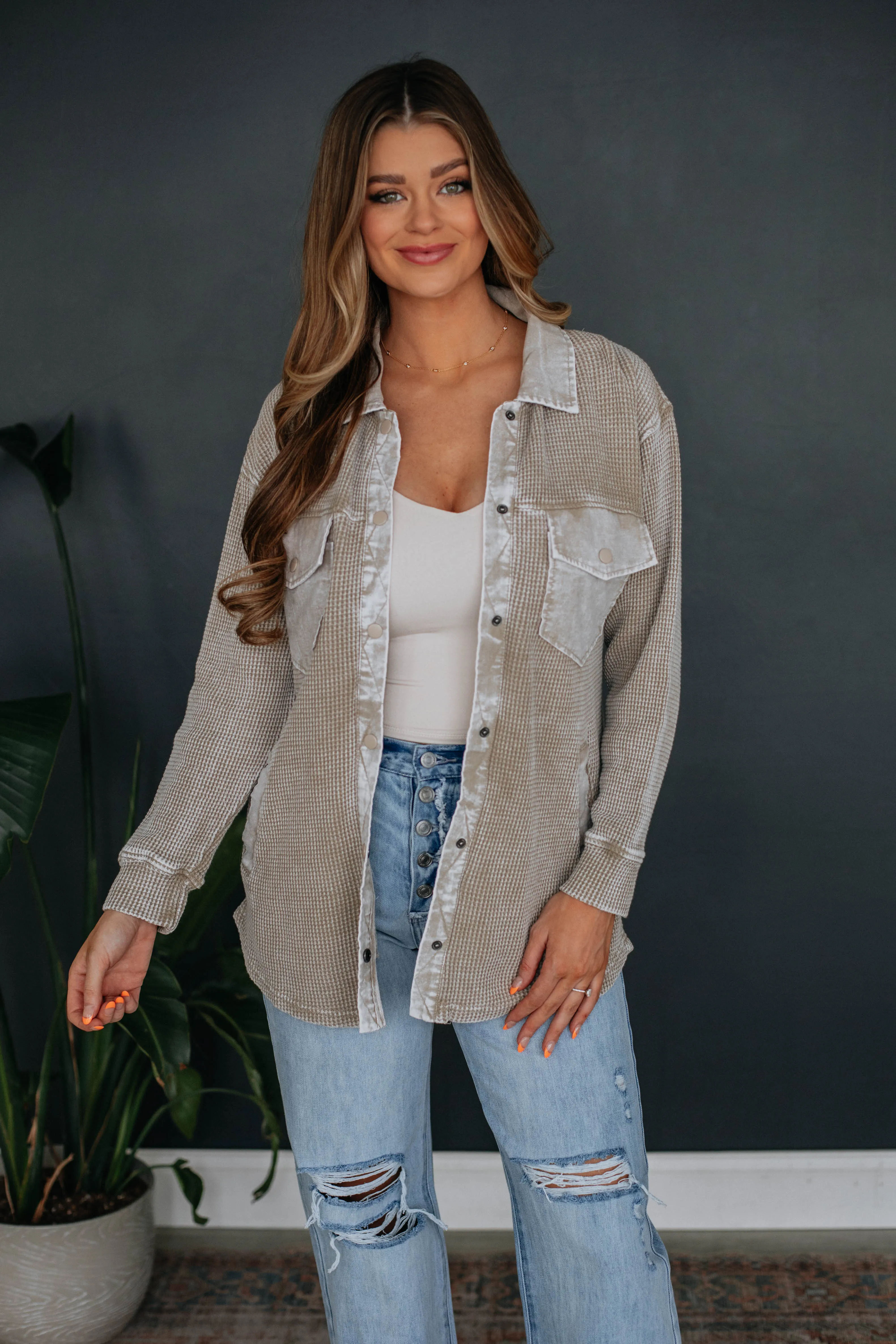 Zolee Waffle Knit Shacket - Taupe sold by Wild Oak Boutique