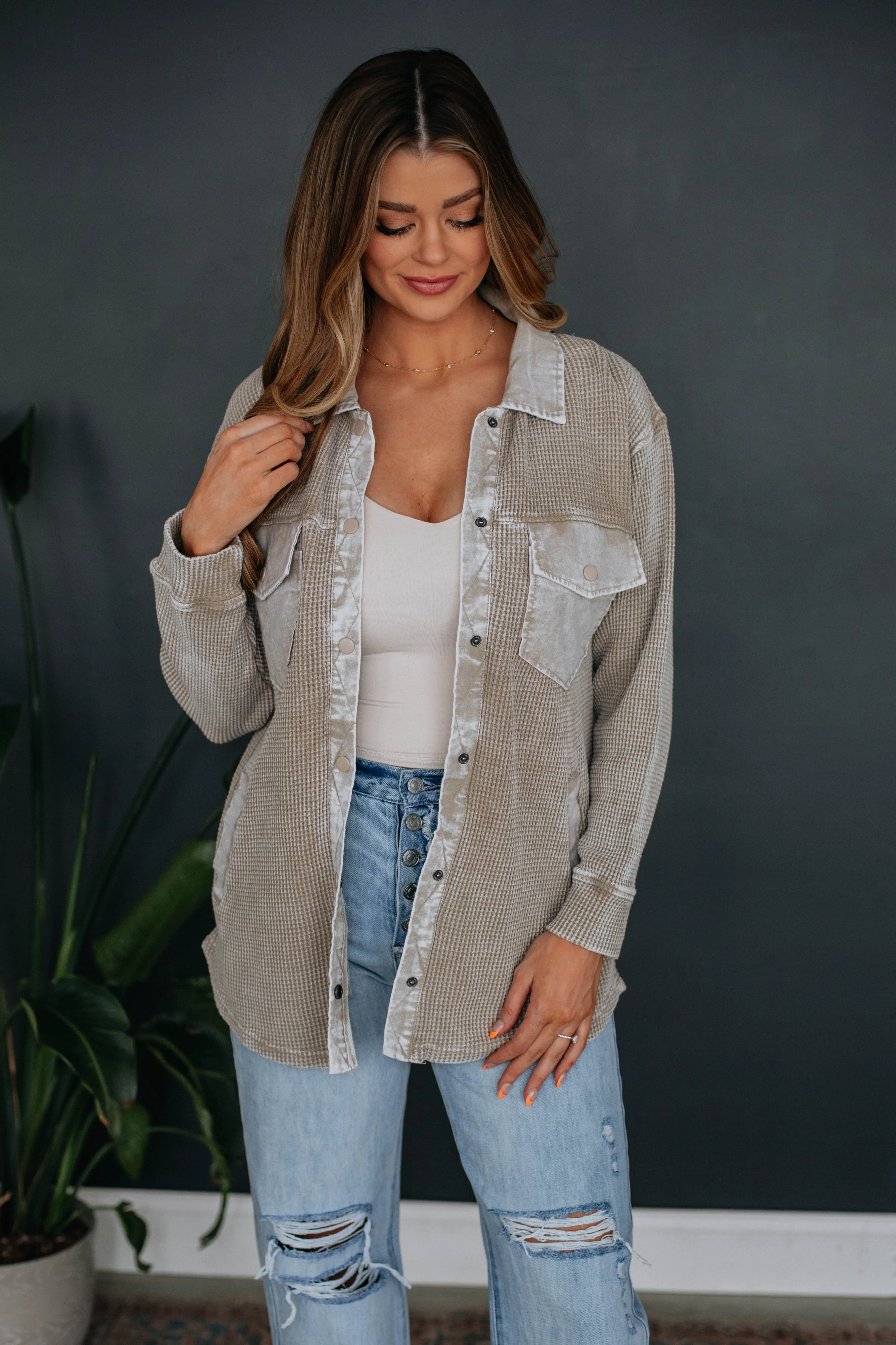Zolee Waffle Knit Shacket - Taupe sold by Wild Oak Boutique product image thumbnail 4