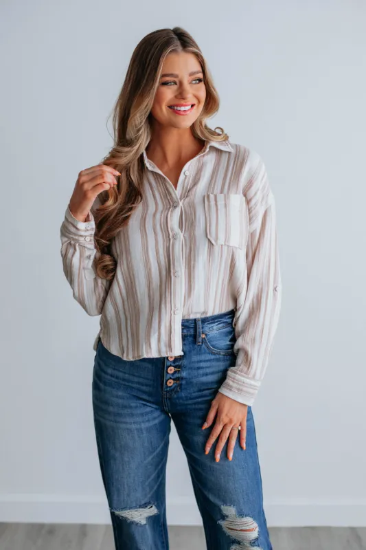 Annica Striped Button Down - Sand sold by Wild Oak Boutique