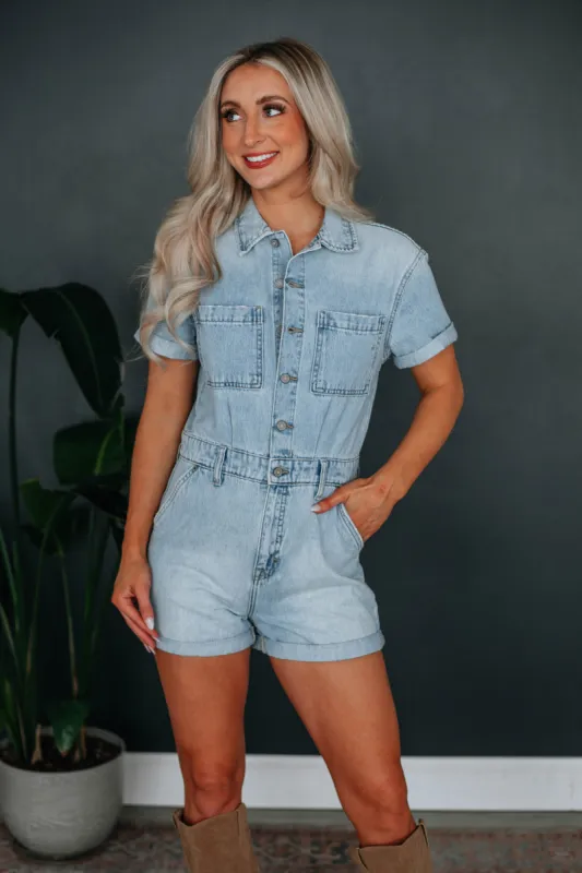 Dylan Hidden Denim Romper sold by Wild Oak Boutique