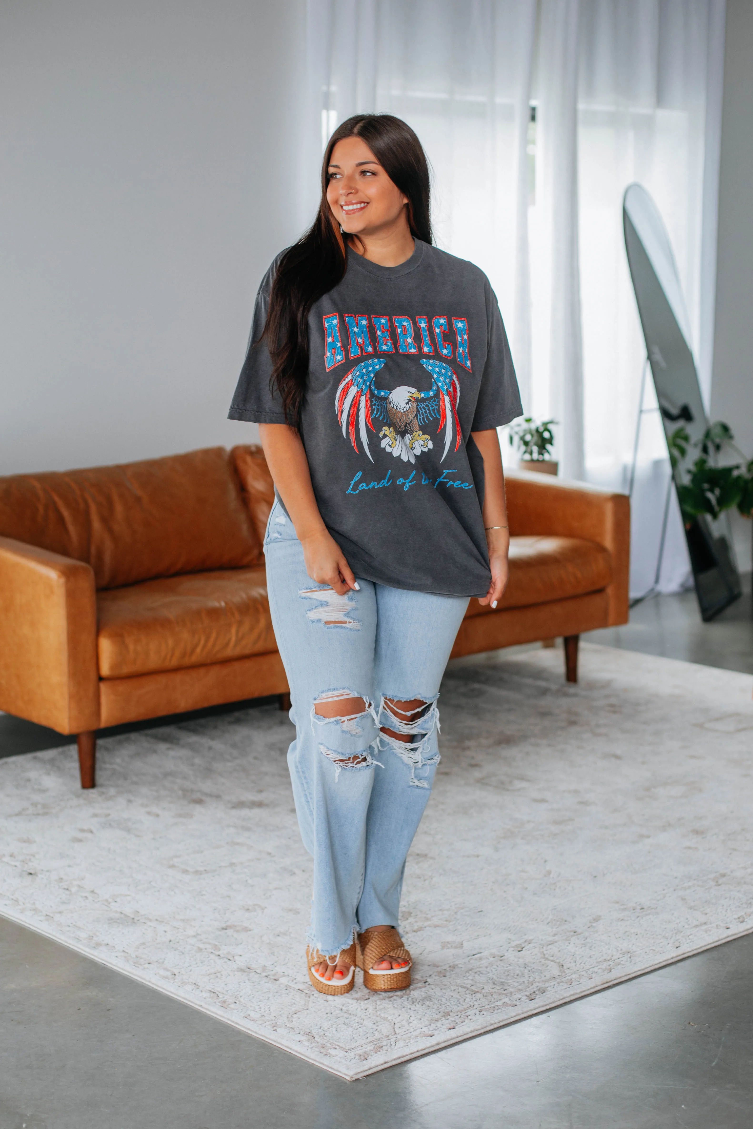 Land Of The Free Graphic Tee - Charcoal sold by Wild Oak Boutique product image thumbnail 4
