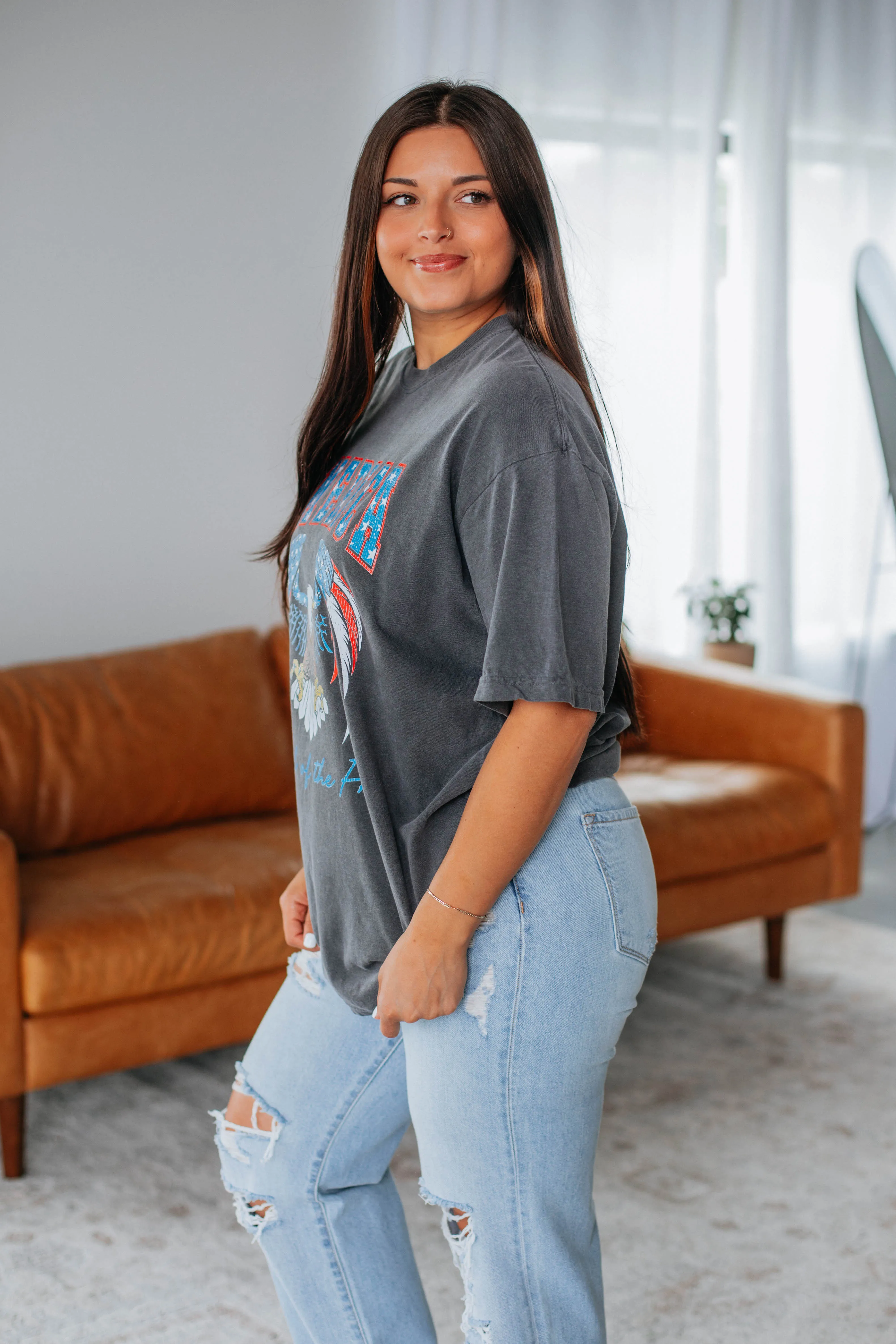Land Of The Free Graphic Tee - Charcoal sold by Wild Oak Boutique product image thumbnail 5