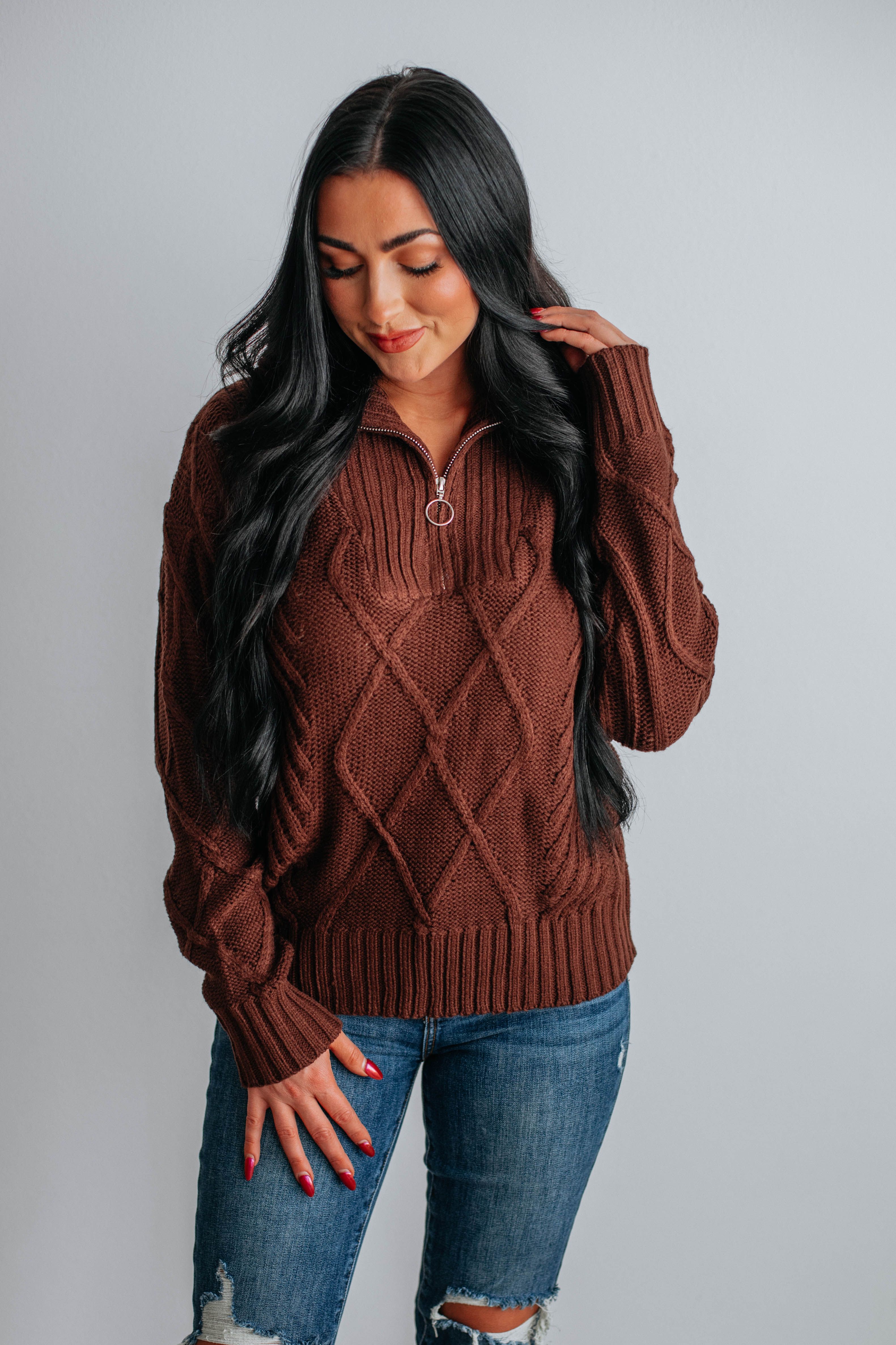 Belinda Half-Zip Sweater - Chocolate sold by Wild Oak Boutique product image thumbnail 4