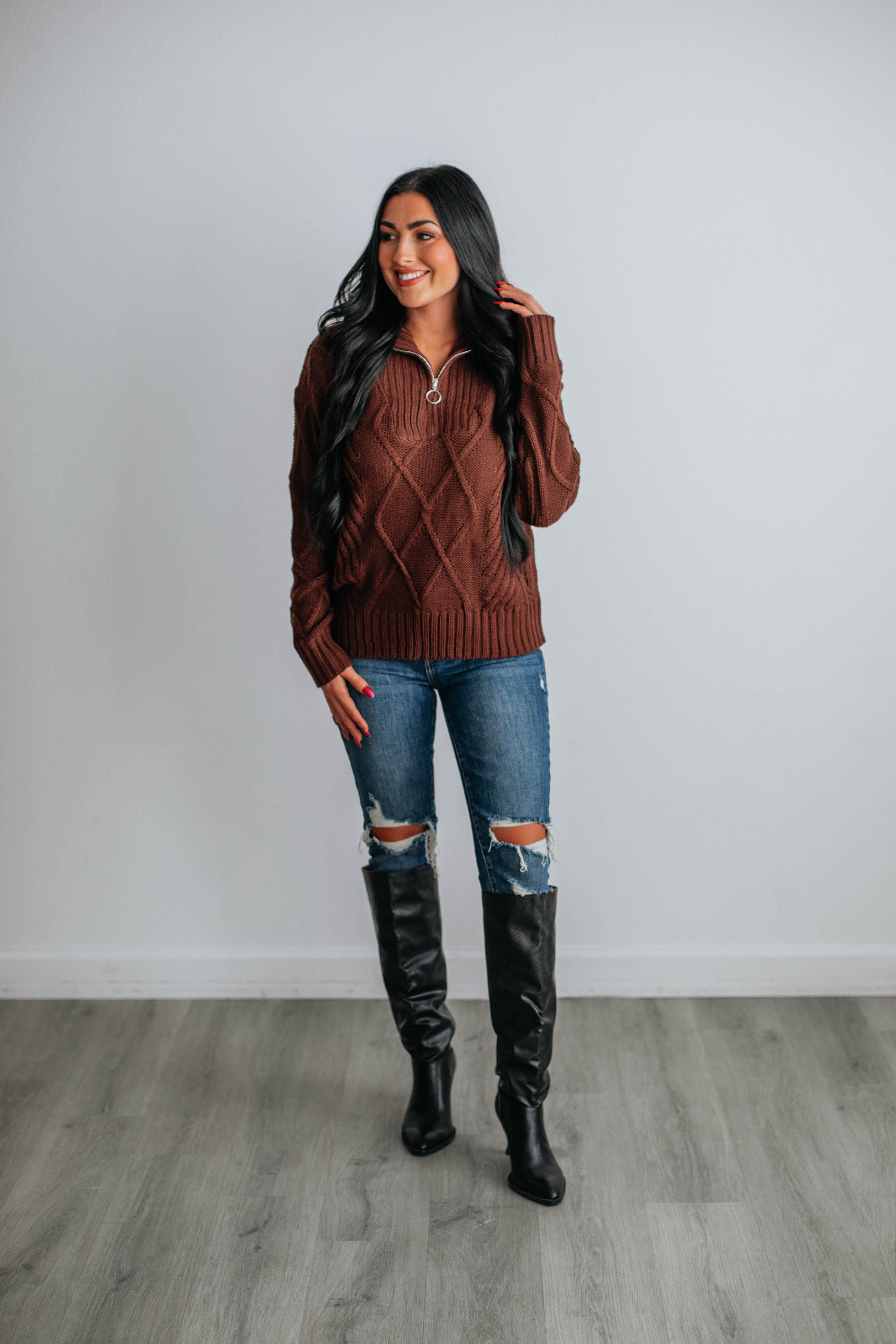 Belinda Half-Zip Sweater - Chocolate sold by Wild Oak Boutique product image thumbnail 2