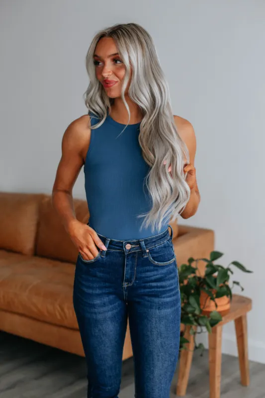 April Ribbed Bodysuit - Steel Blue sold by Wild Oak Boutique