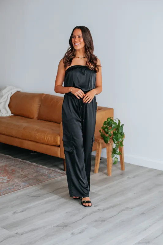Tannah Satin Jumpsuit - Black sold by Wild Oak Boutique
