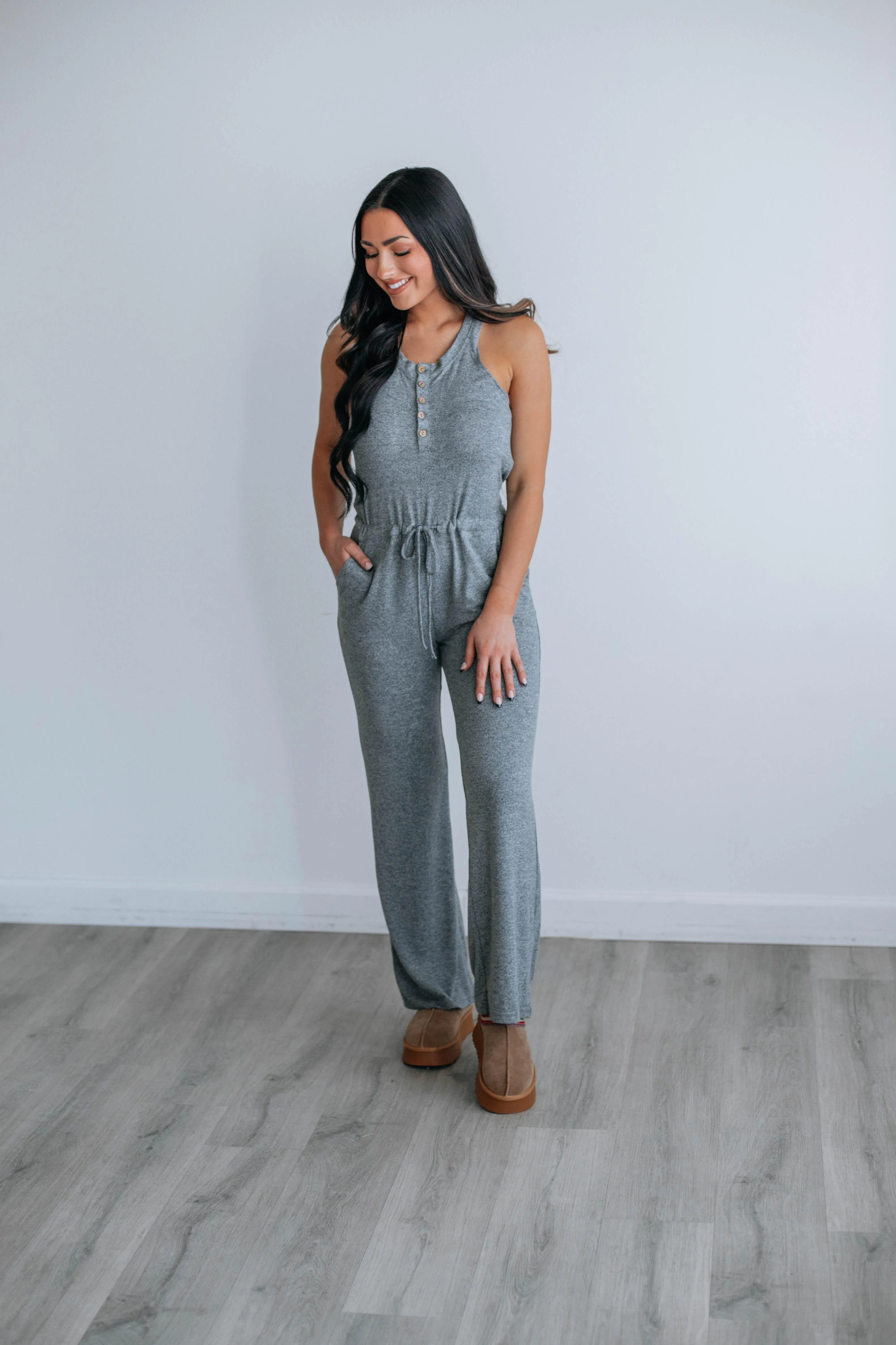 Get Comfy Jumpsuit - Charcoal sold by Wild Oak Boutique