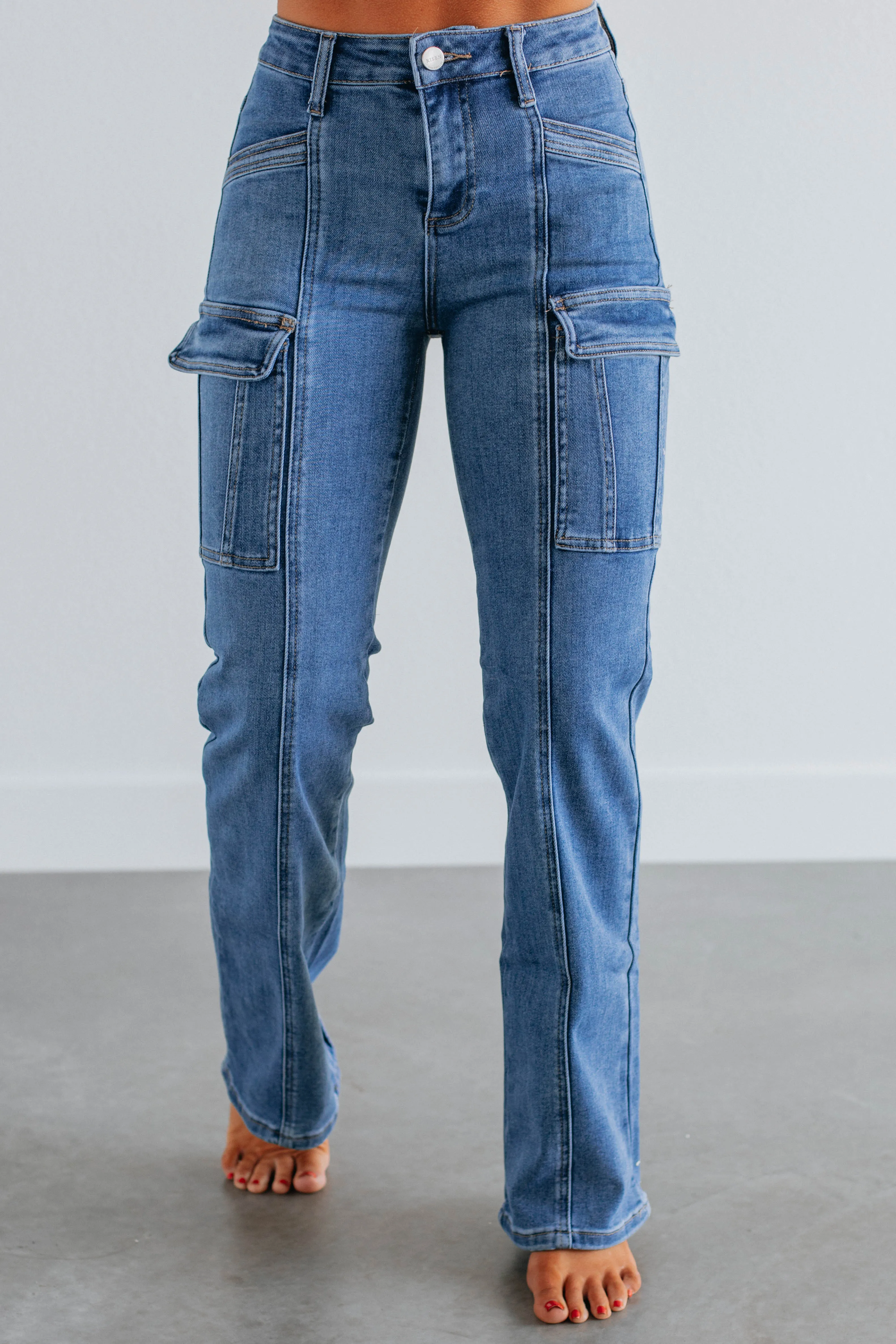 Lexi Risen Cargo Jeans - Medium Wash sold by Wild Oak Boutique