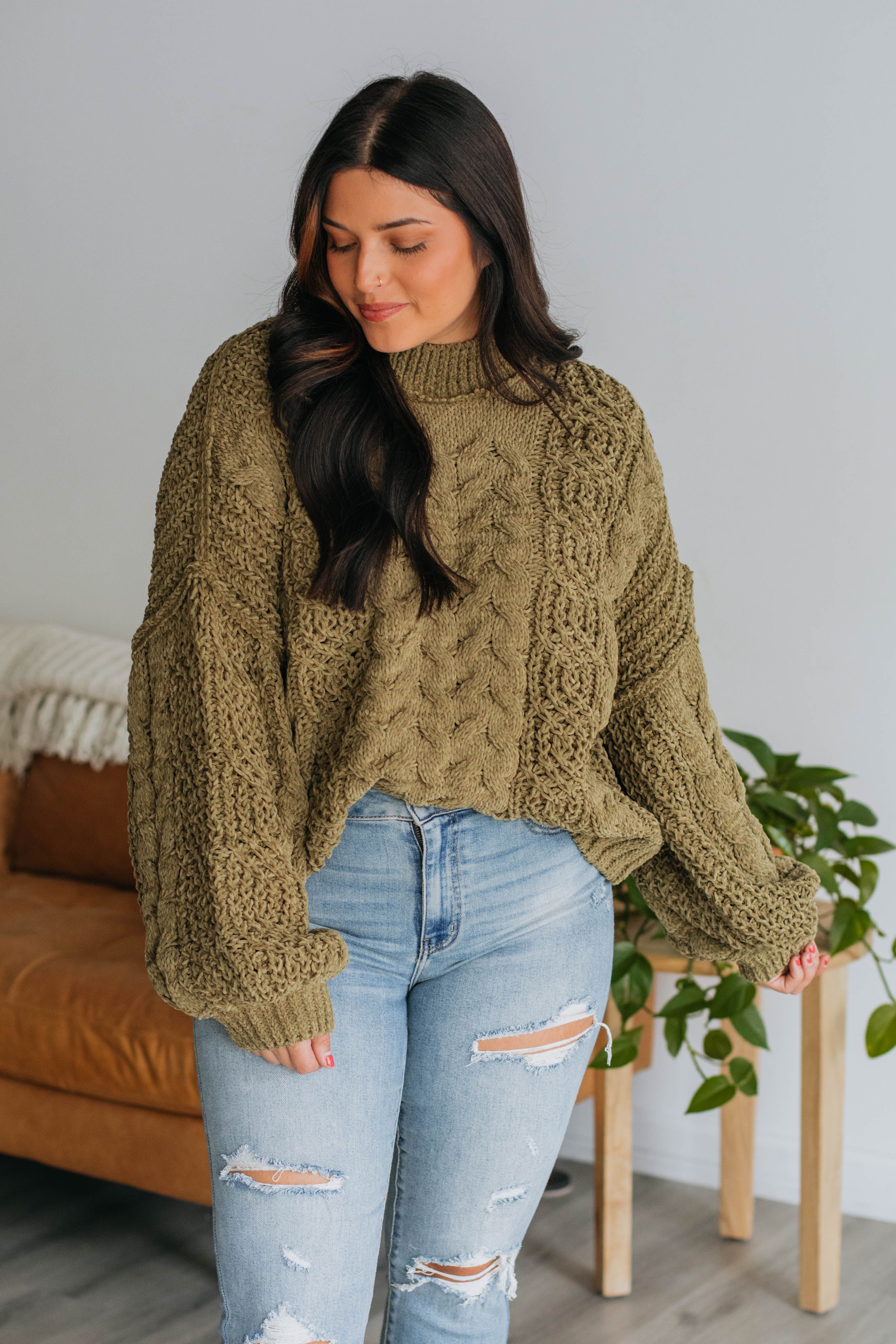 Stassie Cable Knit Sweater - Olive sold by Wild Oak Boutique product image thumbnail 5