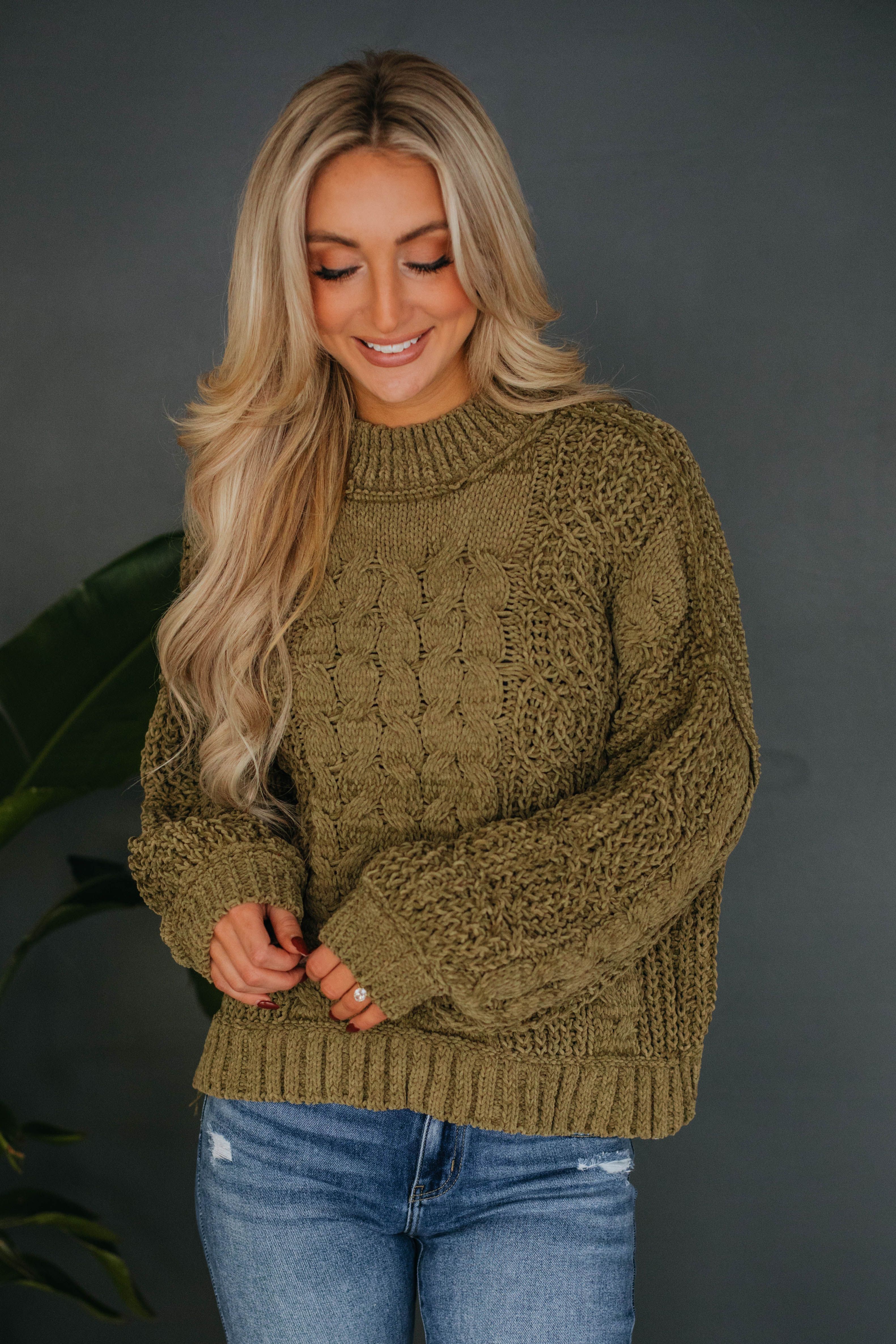 Stassie Cable Knit Sweater - Olive sold by Wild Oak Boutique