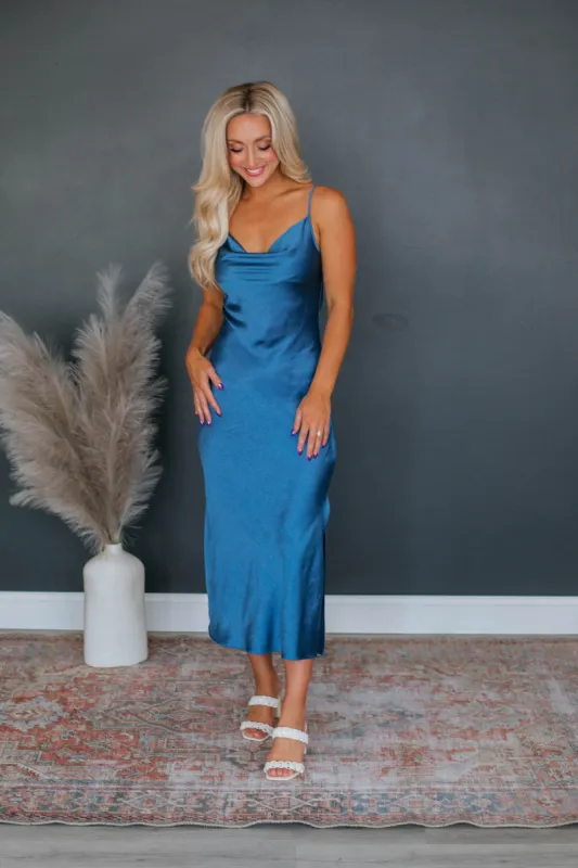 Geneva Satin Dress - Steel Blue sold by Wild Oak Boutique