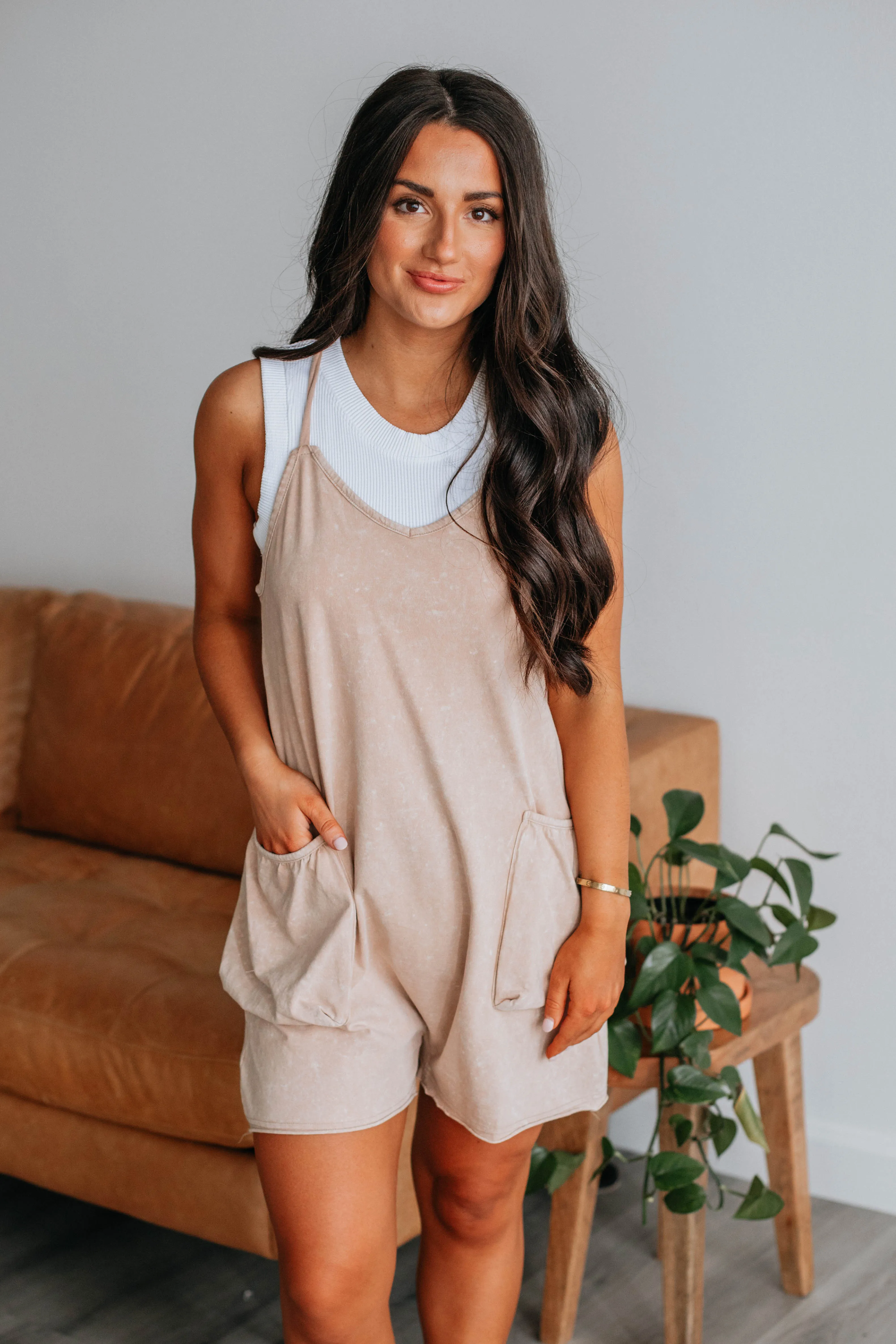 Oakley Lounge Romper - Taupe sold by Wild Oak Boutique