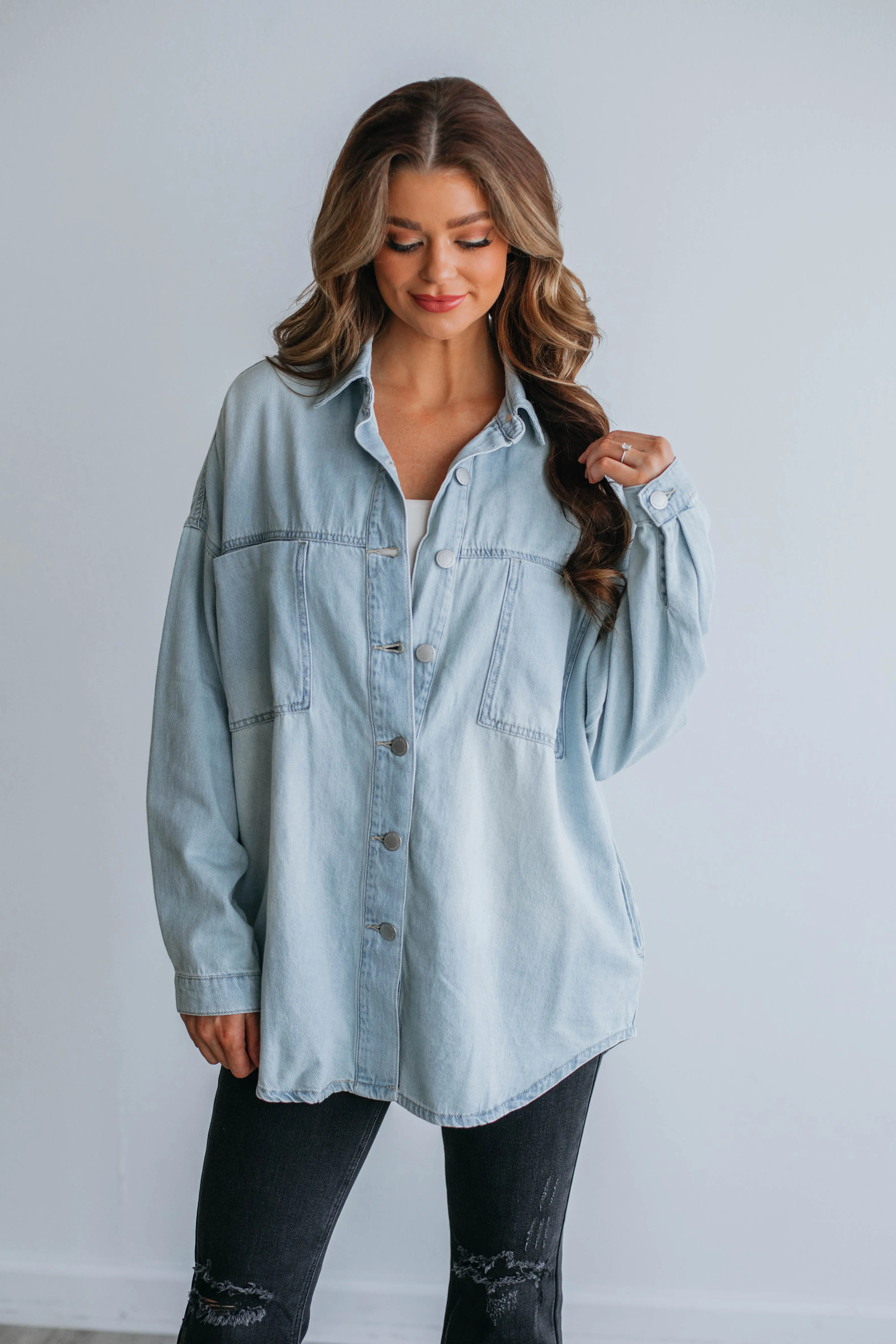 Grayson Risen Denim Shacket - Light Wash sold by Wild Oak Boutique product image thumbnail 2