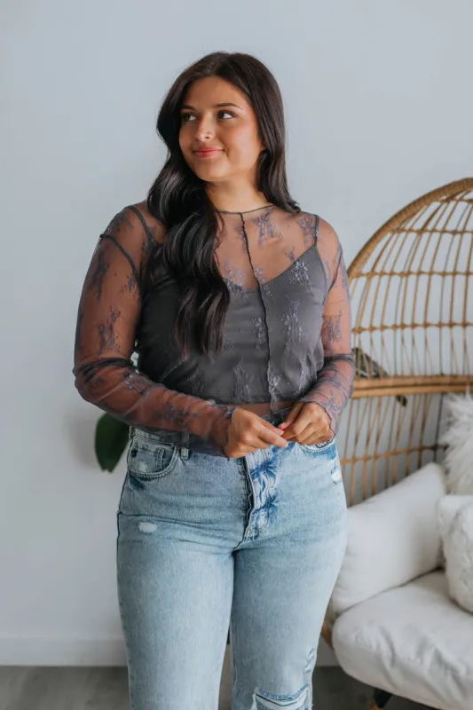Mina Lace Top - Smoke sold by Wild Oak Boutique