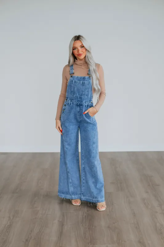 Astrid Denim Flare Overalls sold by Wild Oak Boutique
