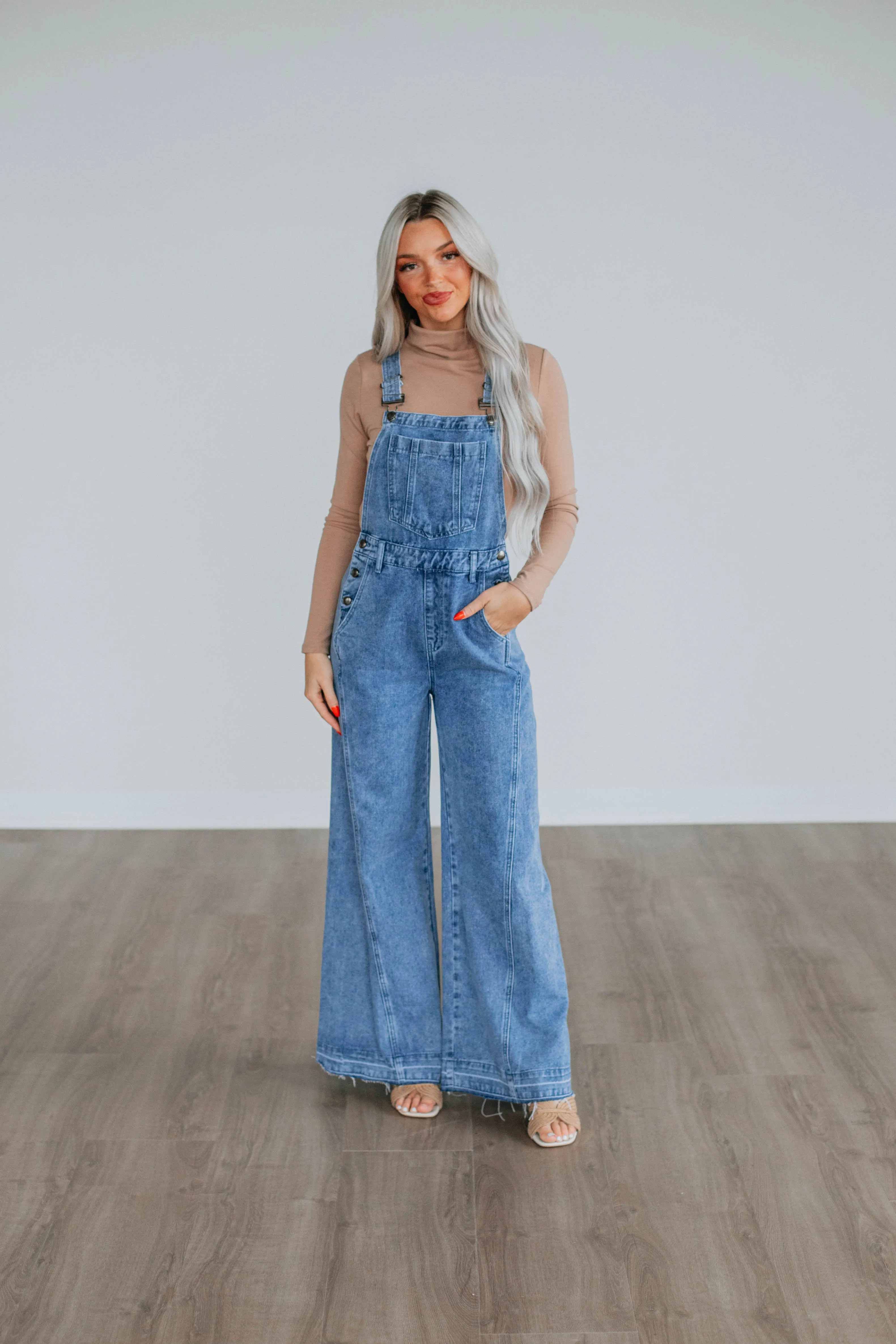 Astrid Denim Flare Overalls sold by Wild Oak Boutique