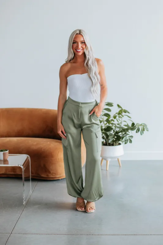 Adara Satin Cargo Pants - Olive sold by Wild Oak Boutique