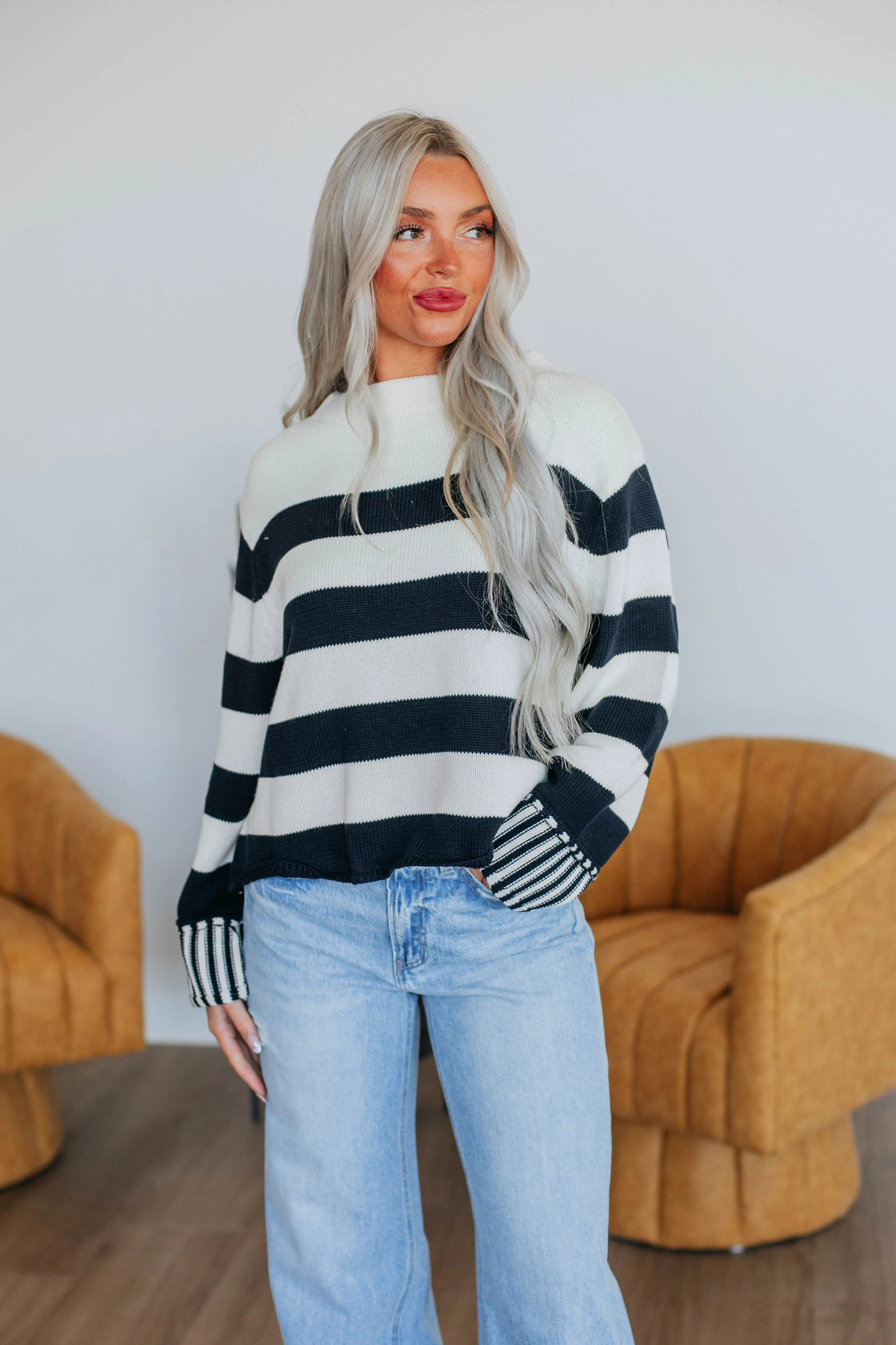 Candyce Striped Sweater - Dark Navy sold by Wild Oak Boutique