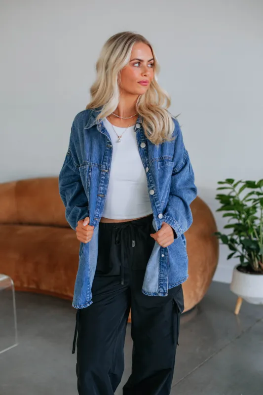 Grayson Risen Denim Shacket - Medium Wash sold by Wild Oak Boutique