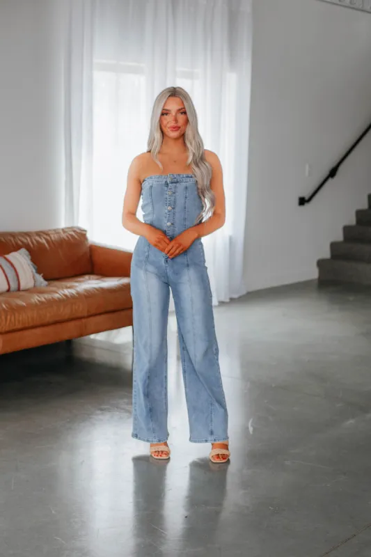 Zariah Denim Jumpsuit sold by Wild Oak Boutique