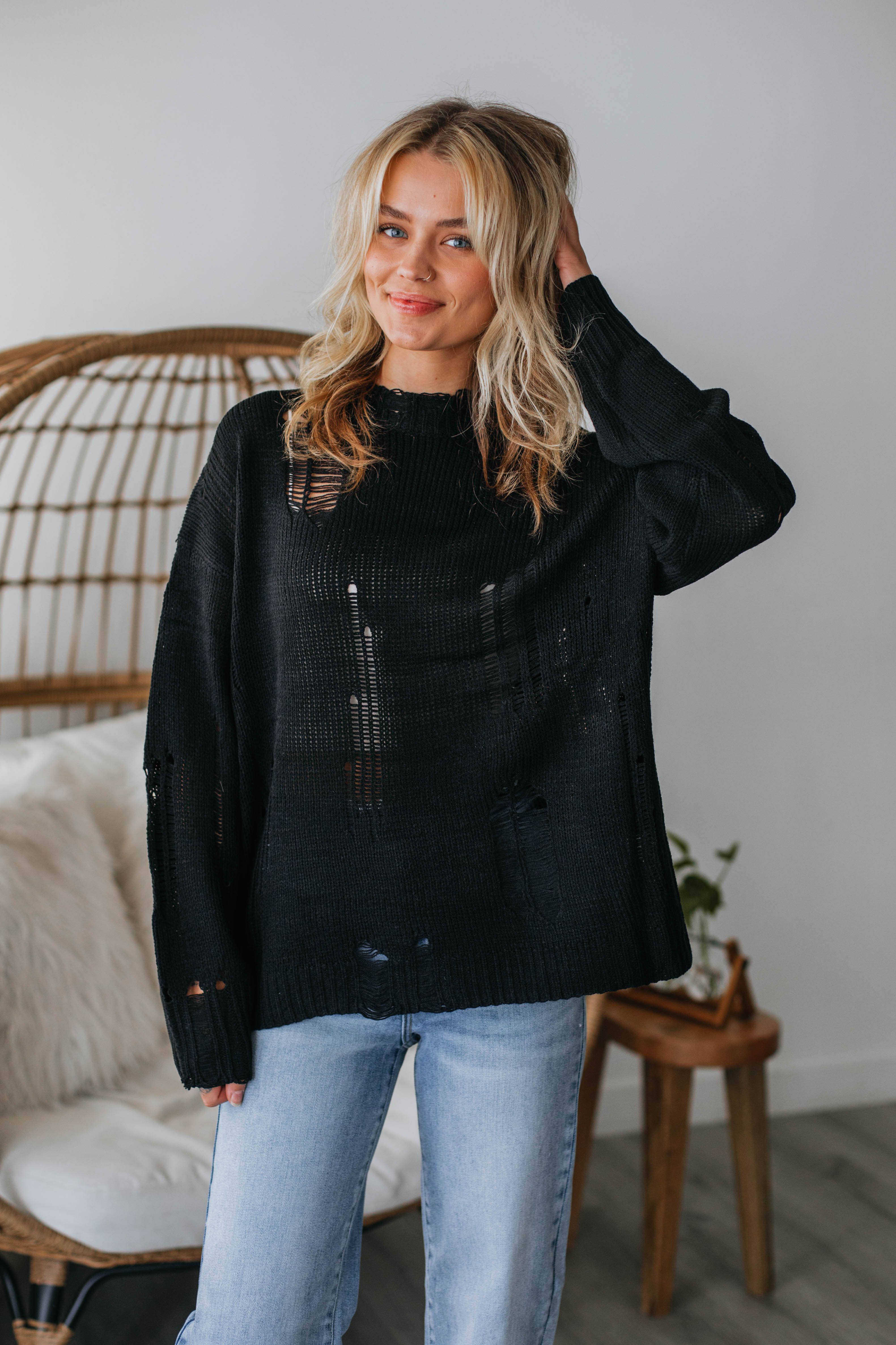 Leni Distressed Sweater - Black sold by Wild Oak Boutique product image thumbnail 4