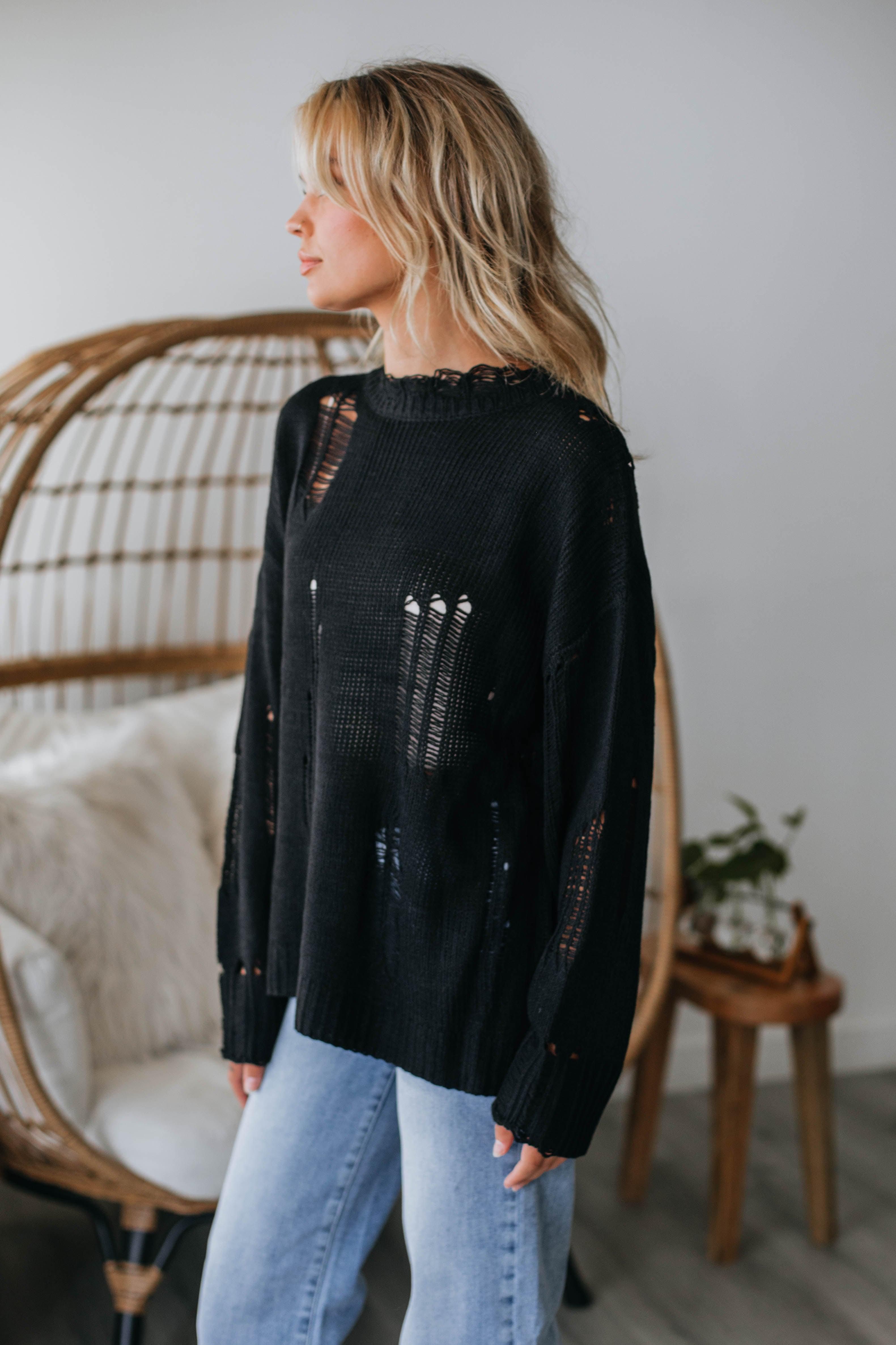 Leni Distressed Sweater - Black sold by Wild Oak Boutique product image thumbnail 3