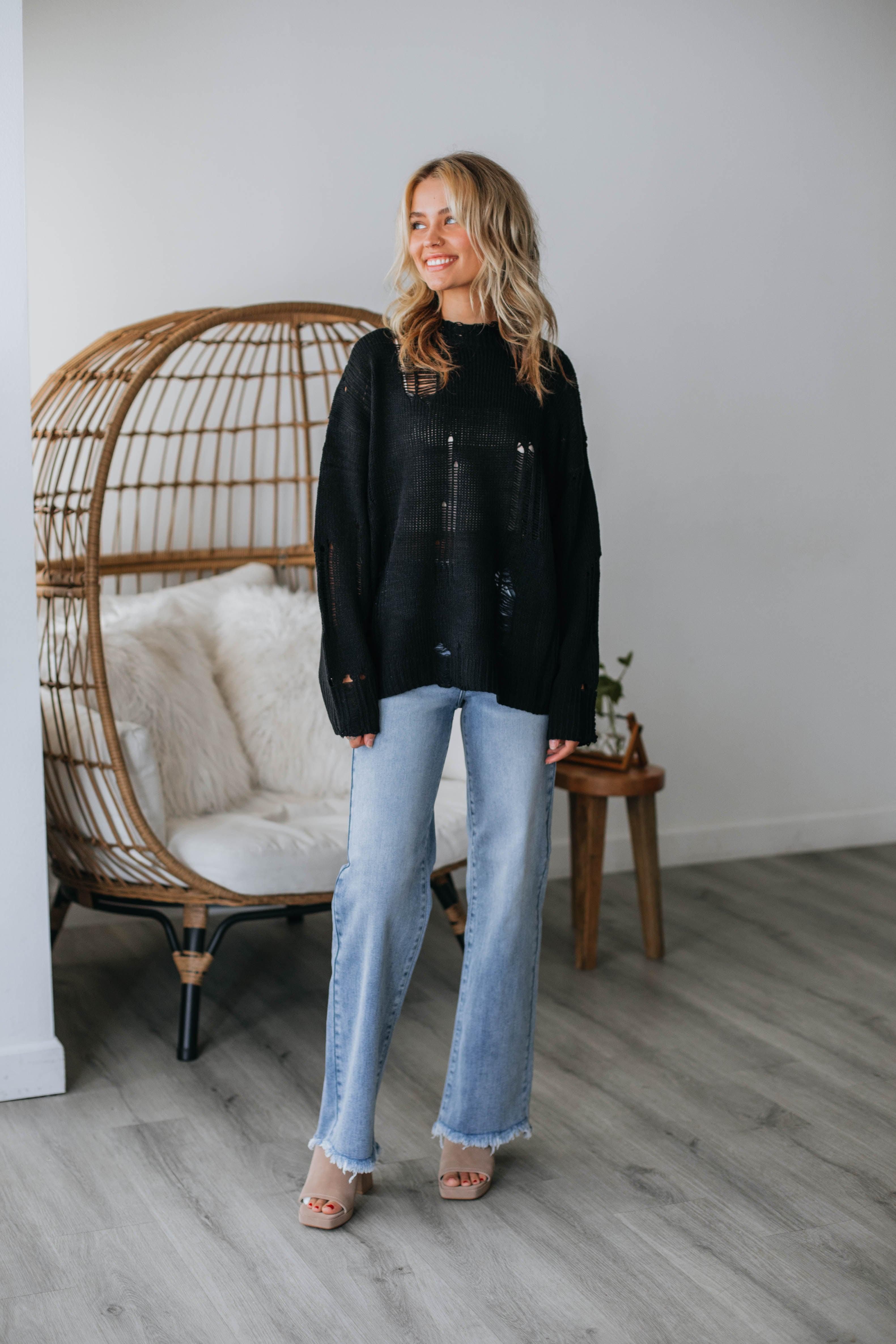 Leni Distressed Sweater - Black sold by Wild Oak Boutique product image thumbnail 2