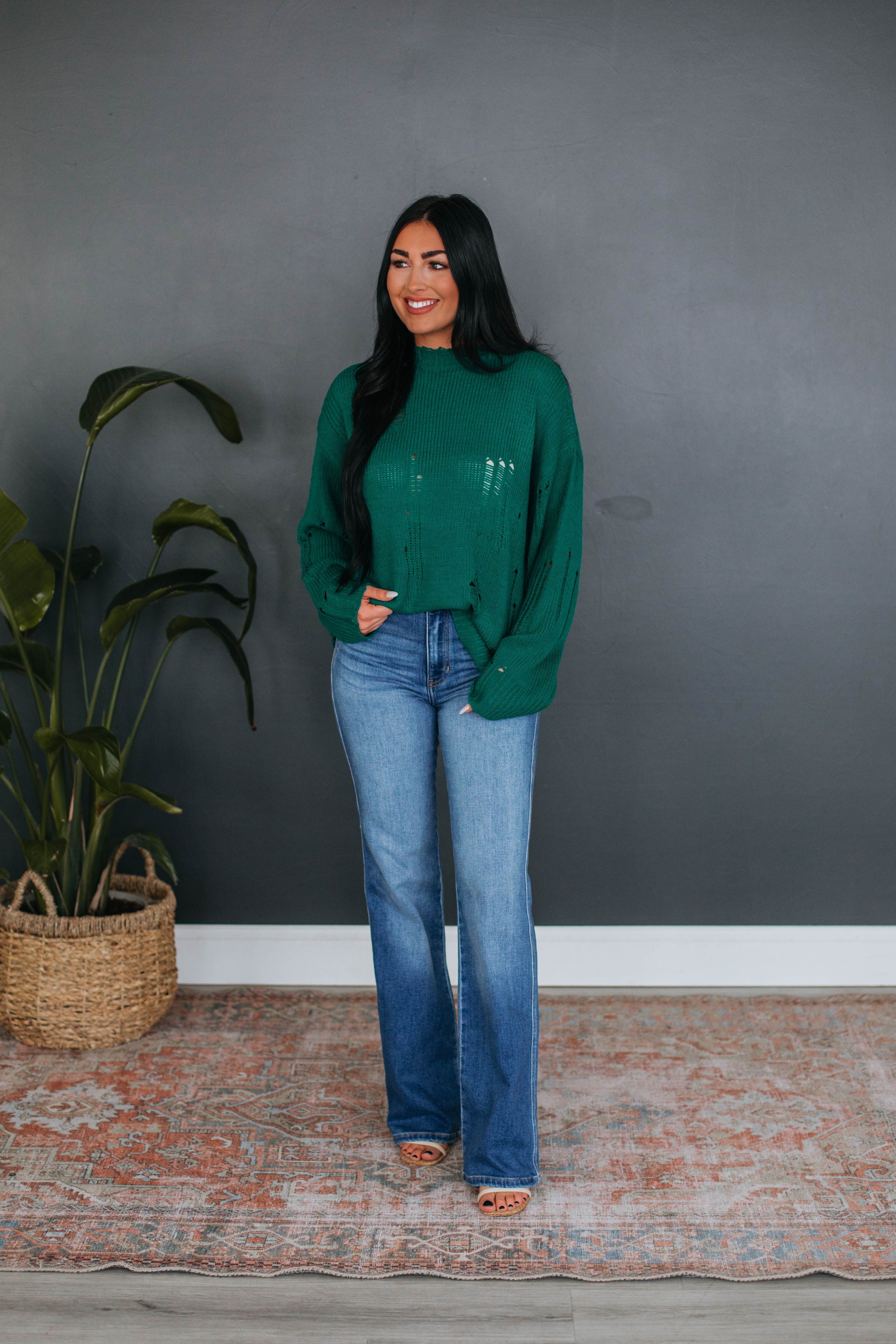 Leni Distressed Sweater - Jade sold by Wild Oak Boutique product image thumbnail 2
