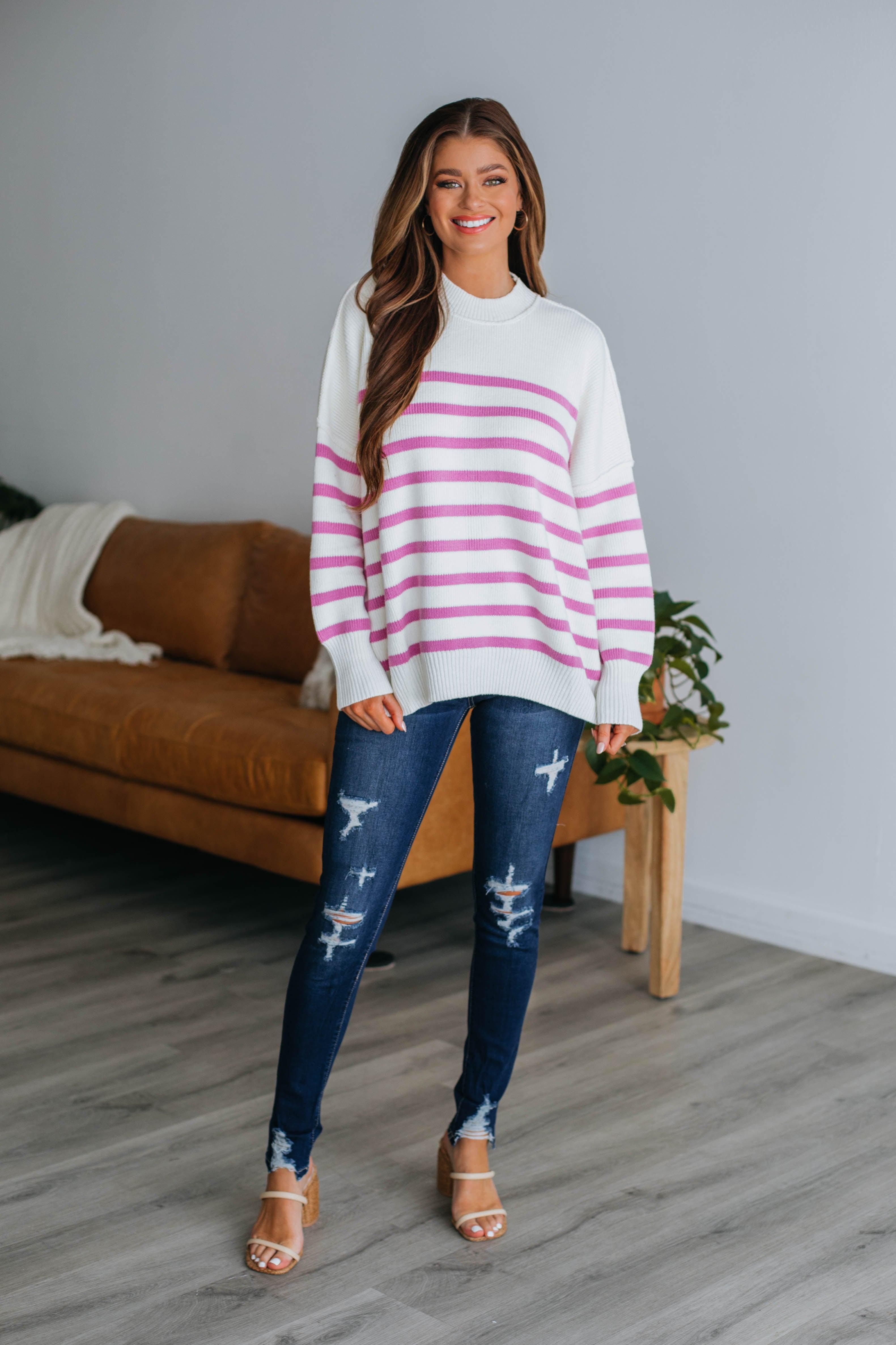 Darcie Striped Sweater - Magenta sold by Wild Oak Boutique product image thumbnail 2