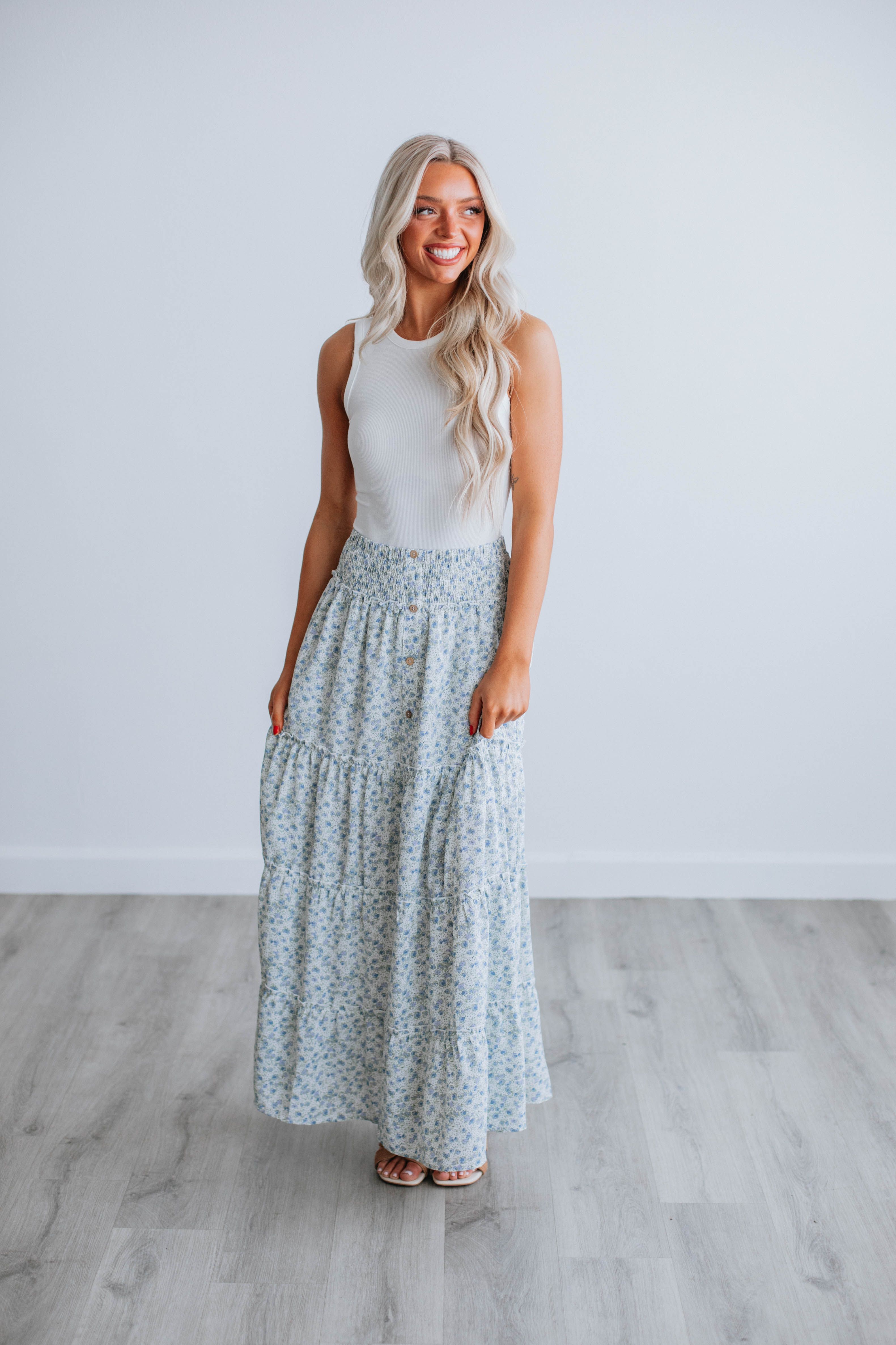 Eleanor Tiered Maxi Skirt - Dusty Blue Mix sold by Wild Oak Boutique product image thumbnail 4