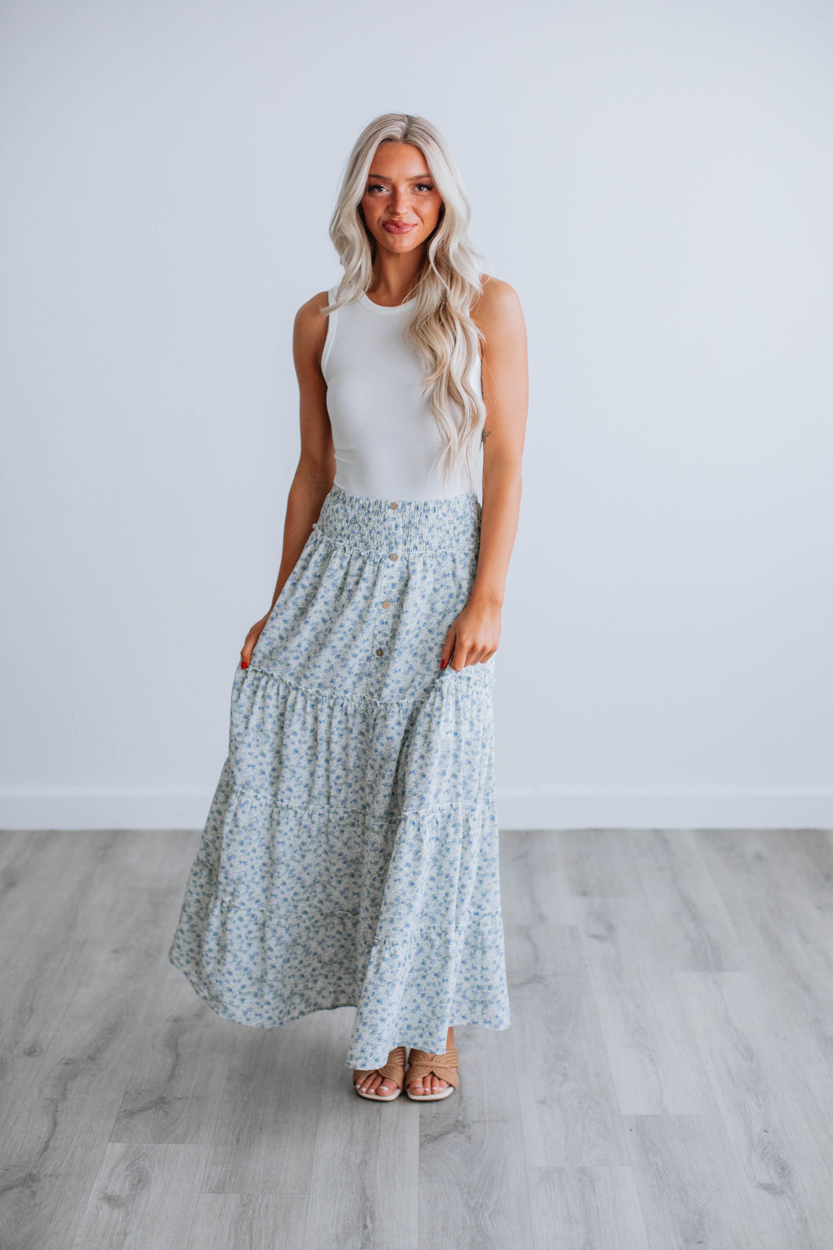 Eleanor Tiered Maxi Skirt - Dusty Blue Mix sold by Wild Oak Boutique product image thumbnail 3