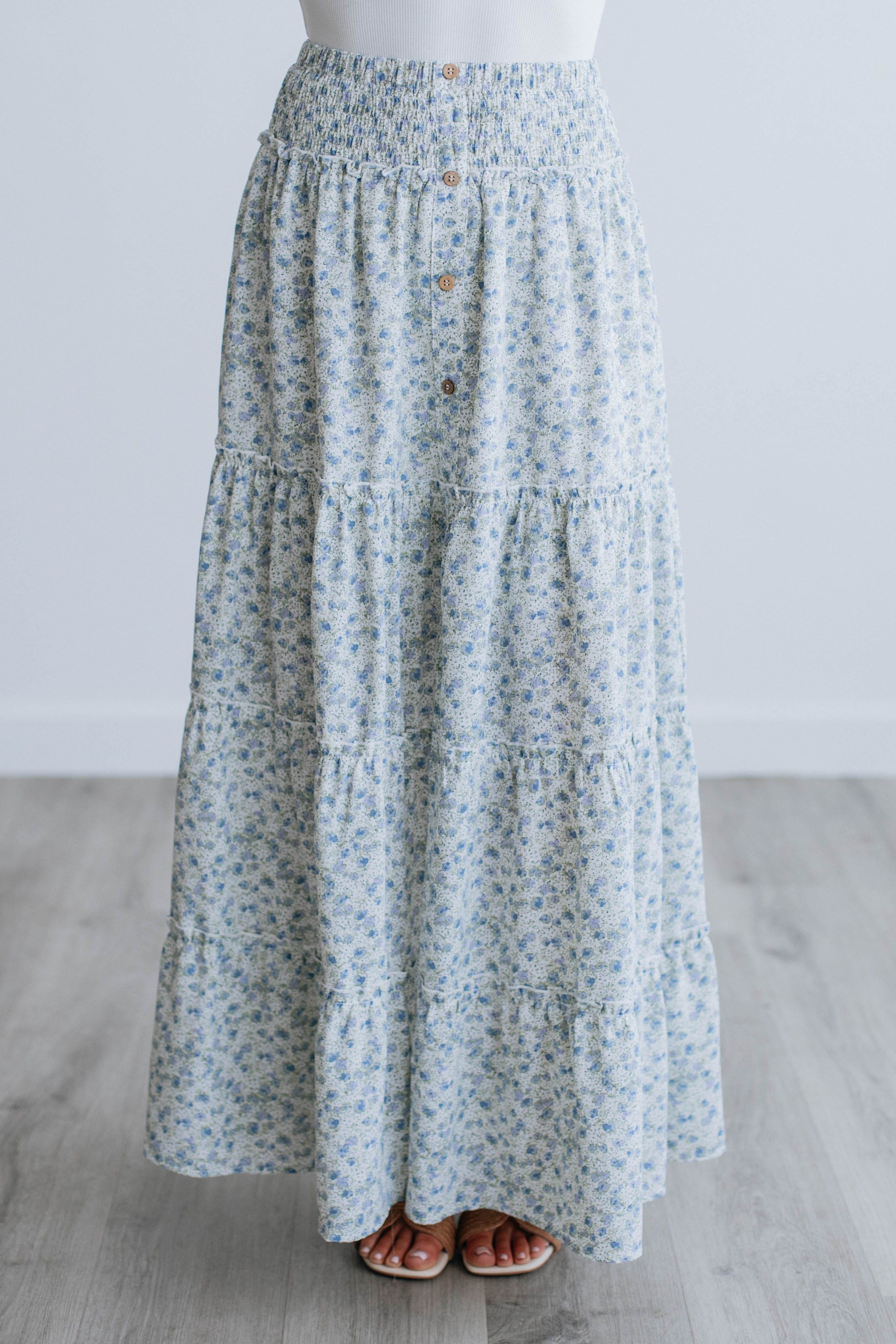 Eleanor Tiered Maxi Skirt - Dusty Blue Mix sold by Wild Oak Boutique product image thumbnail 2