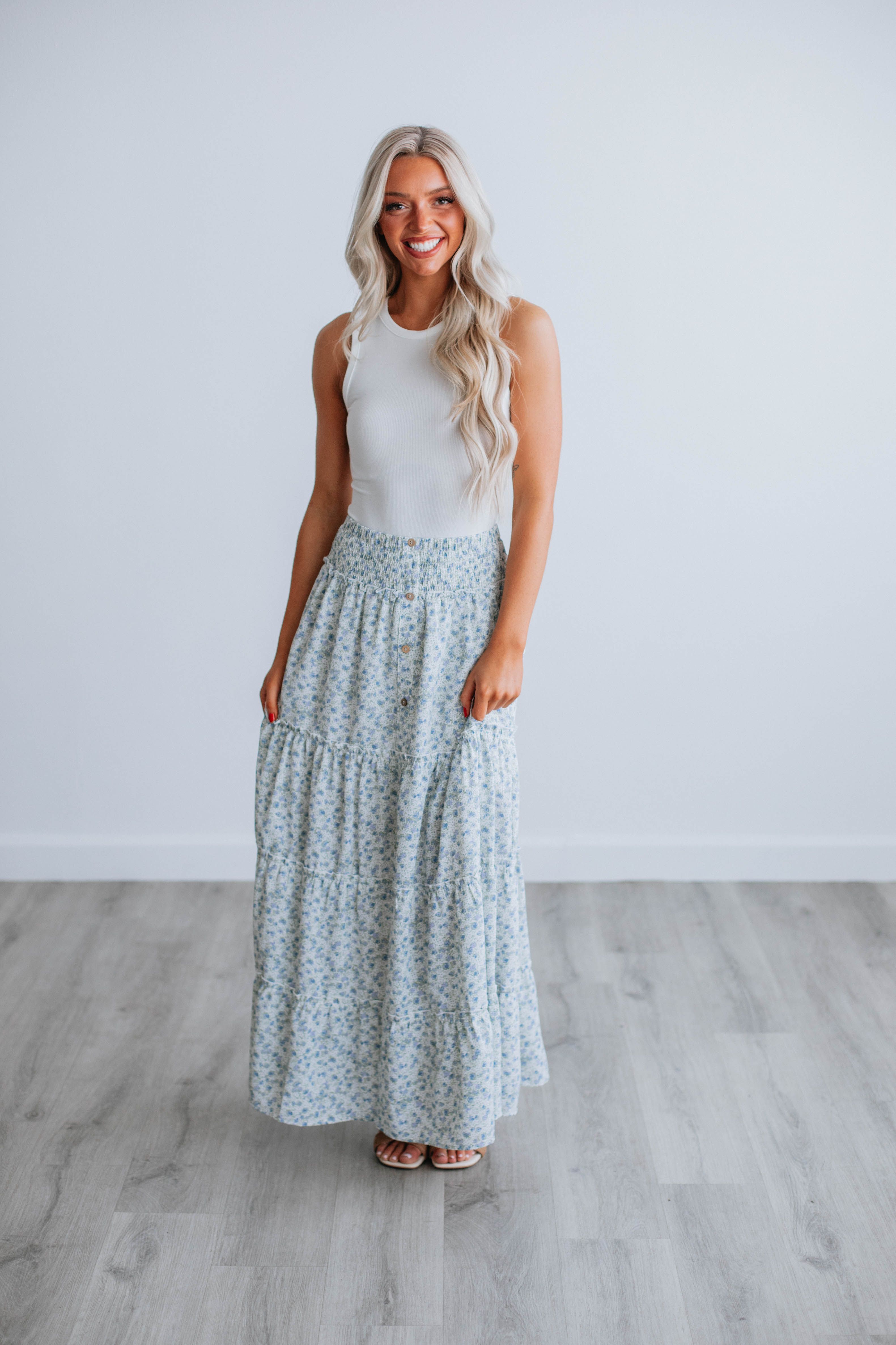 Eleanor Tiered Maxi Skirt - Dusty Blue Mix sold by Wild Oak Boutique