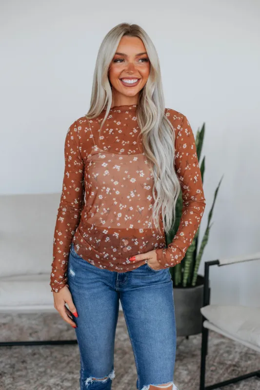 Katlyn Floral Mesh Top - Caramel sold by Wild Oak Boutique