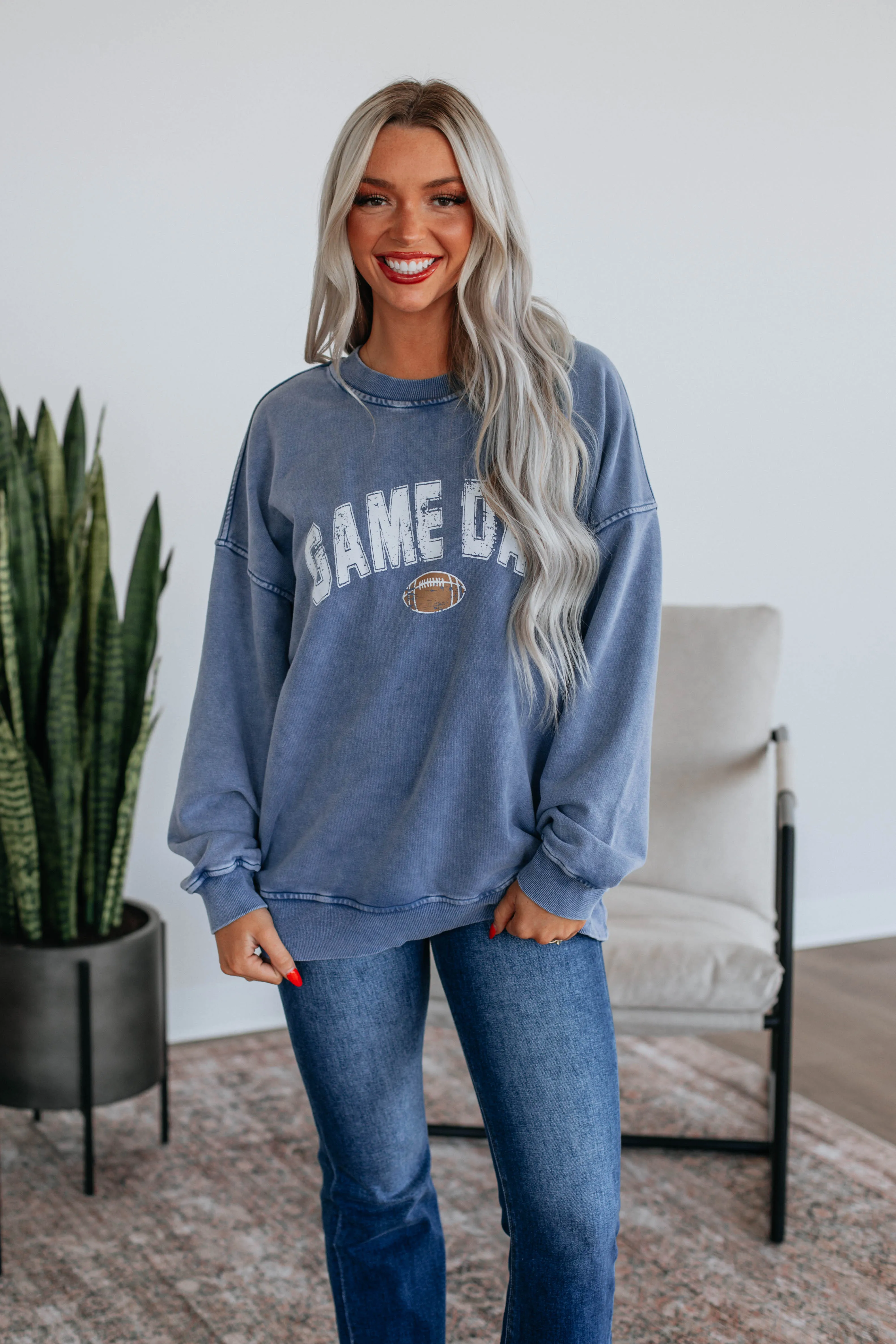 Game Day Oversized Crewneck - Steel Blue sold by Wild Oak Boutique