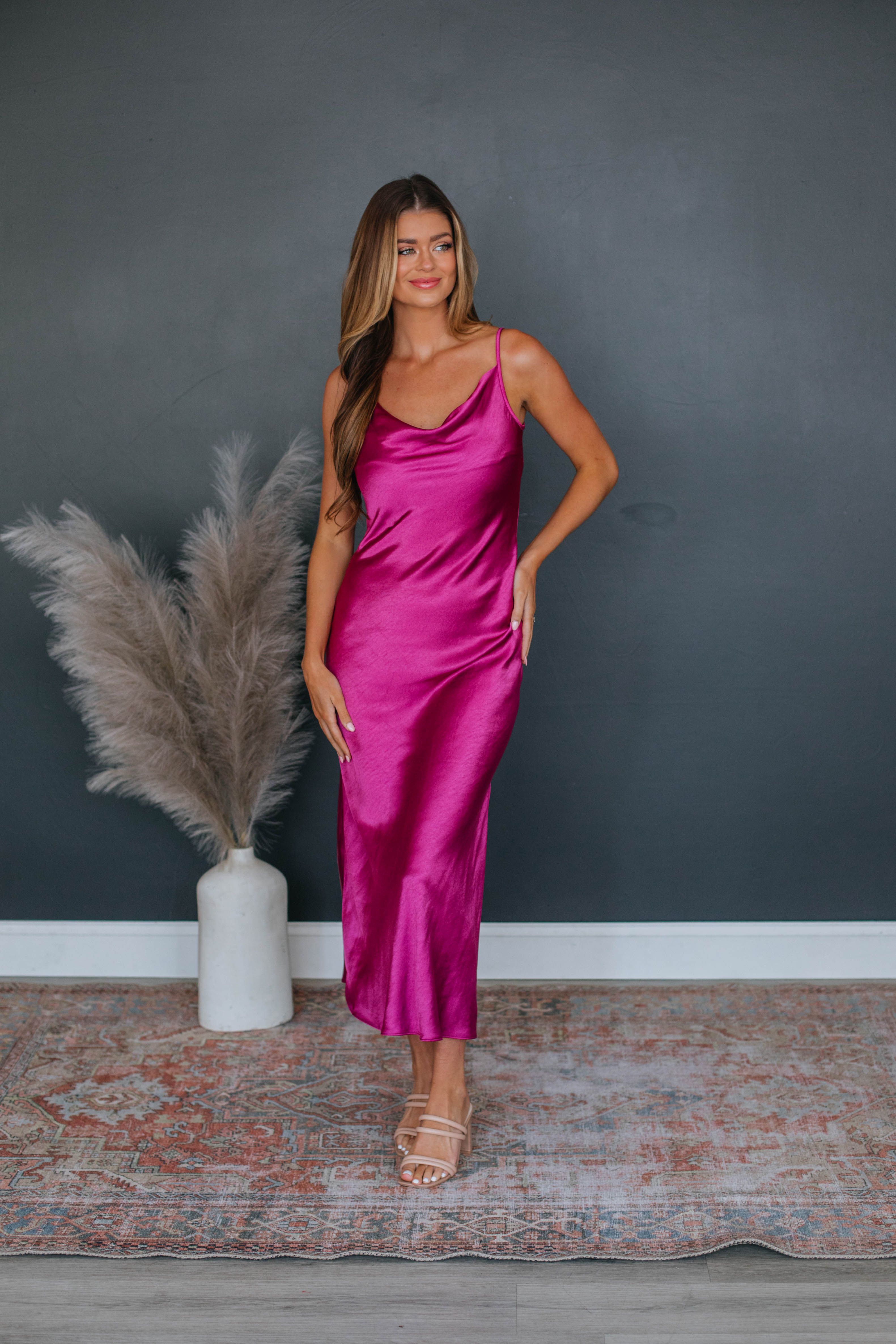 Geneva Satin Dress - Dark Magenta sold by Wild Oak Boutique