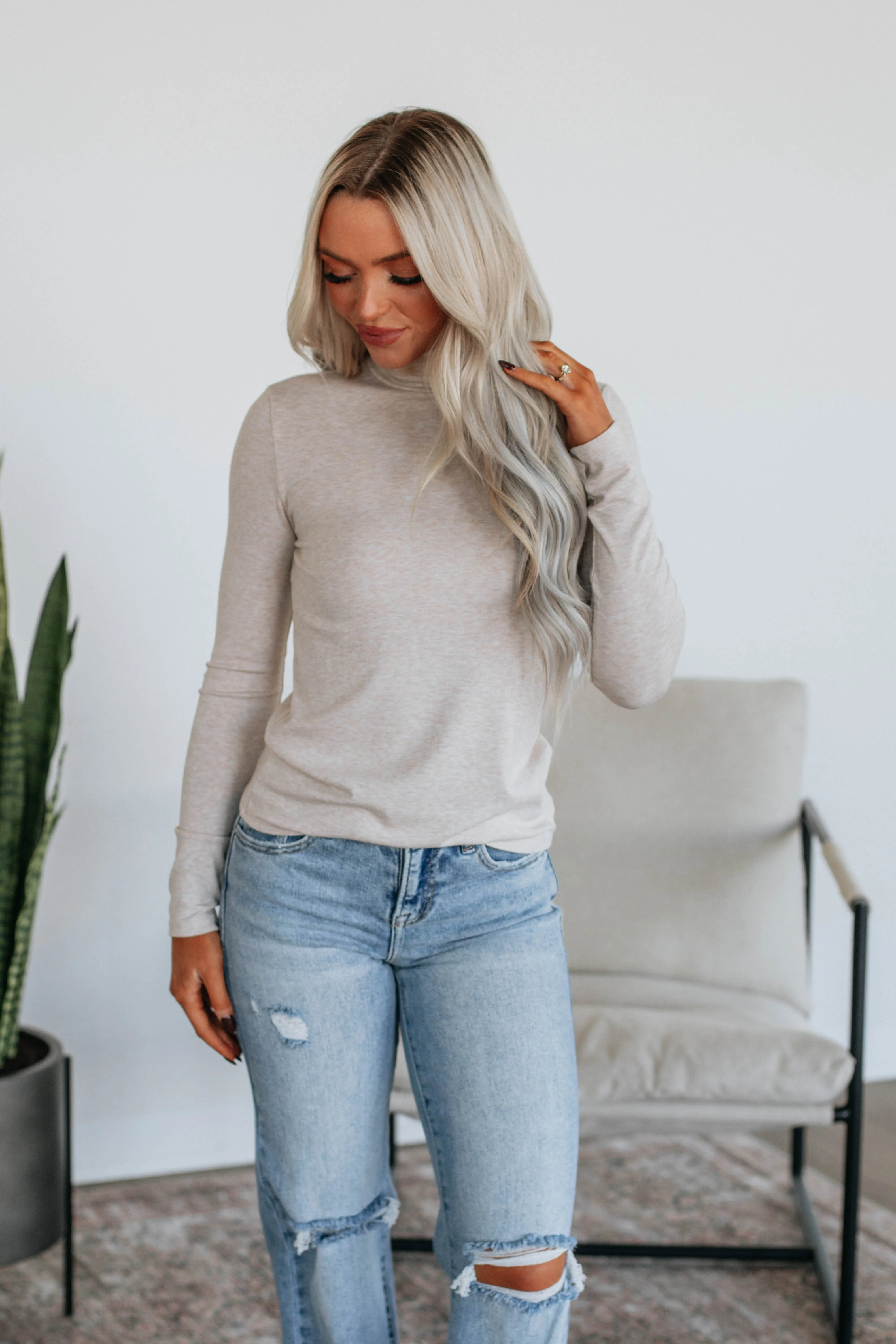 Evelina Mock Neck Top - Oatmeal sold by Wild Oak Boutique