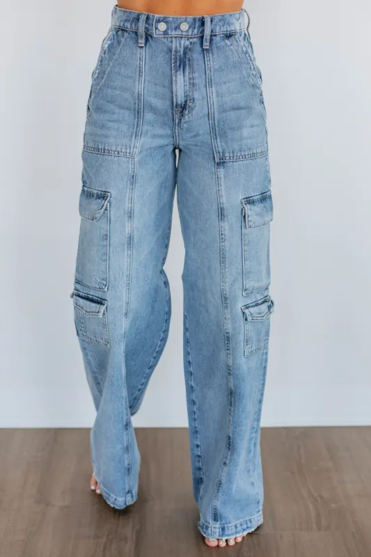 Nori Hidden Cargo Jeans - Medium Wash sold by Wild Oak Boutique