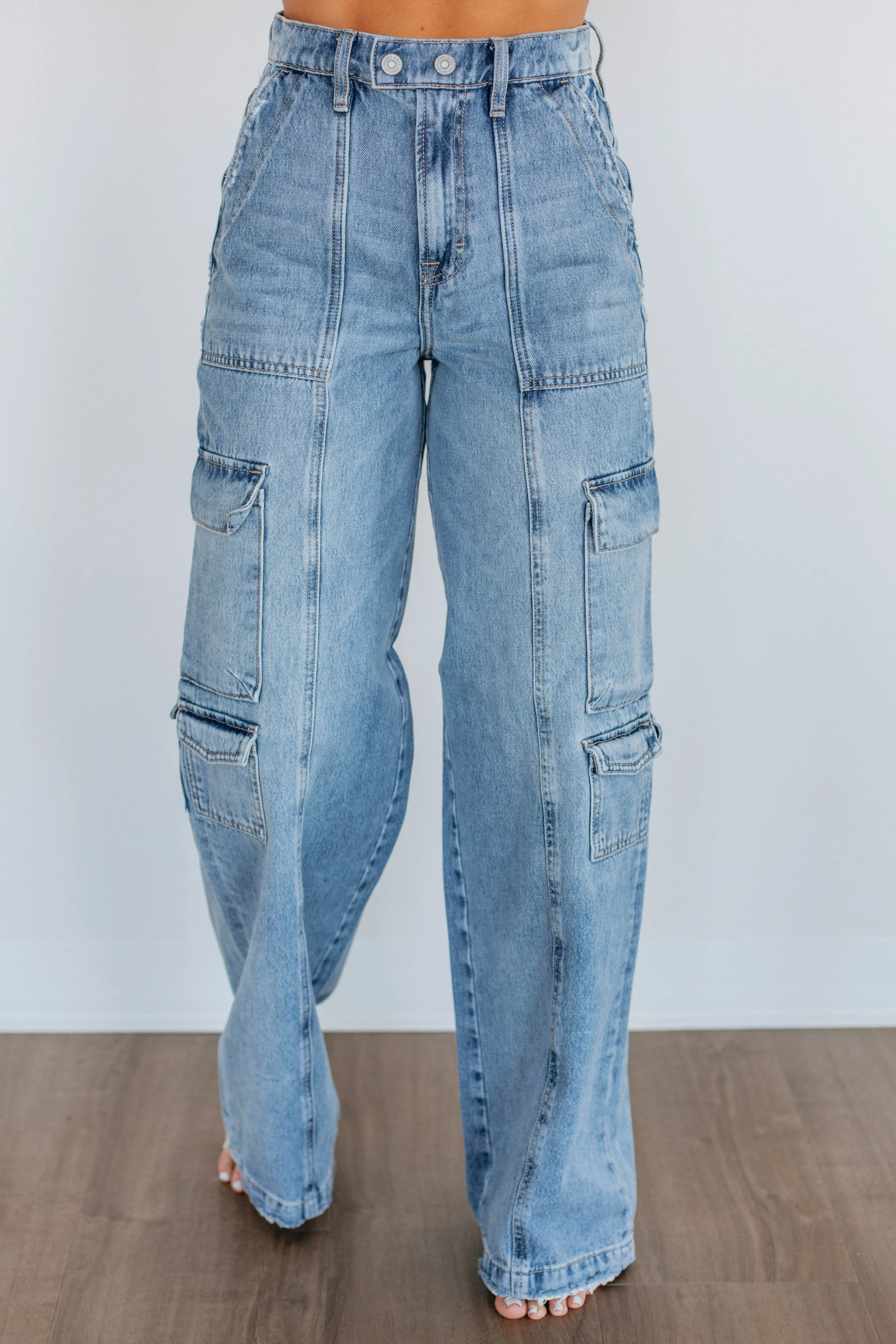 Nori Hidden Cargo Jeans - Medium Wash sold by Wild Oak Boutique