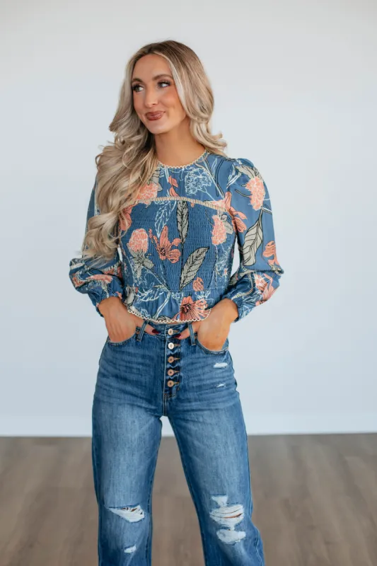 Nemara Floral Top - Steel Blue sold by Wild Oak Boutique