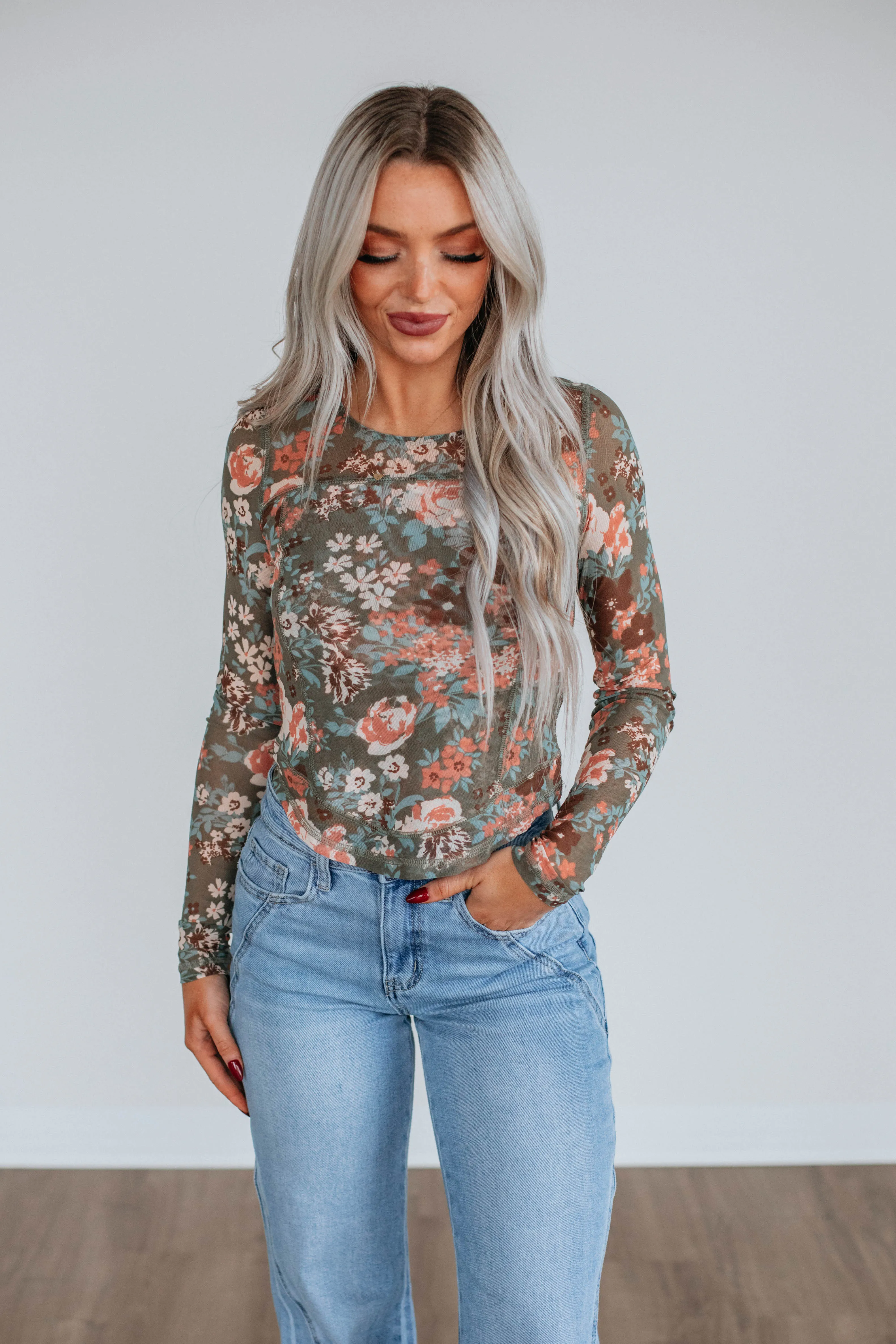 Lana Floral Mesh Top - Moss sold by Wild Oak Boutique product image thumbnail 4